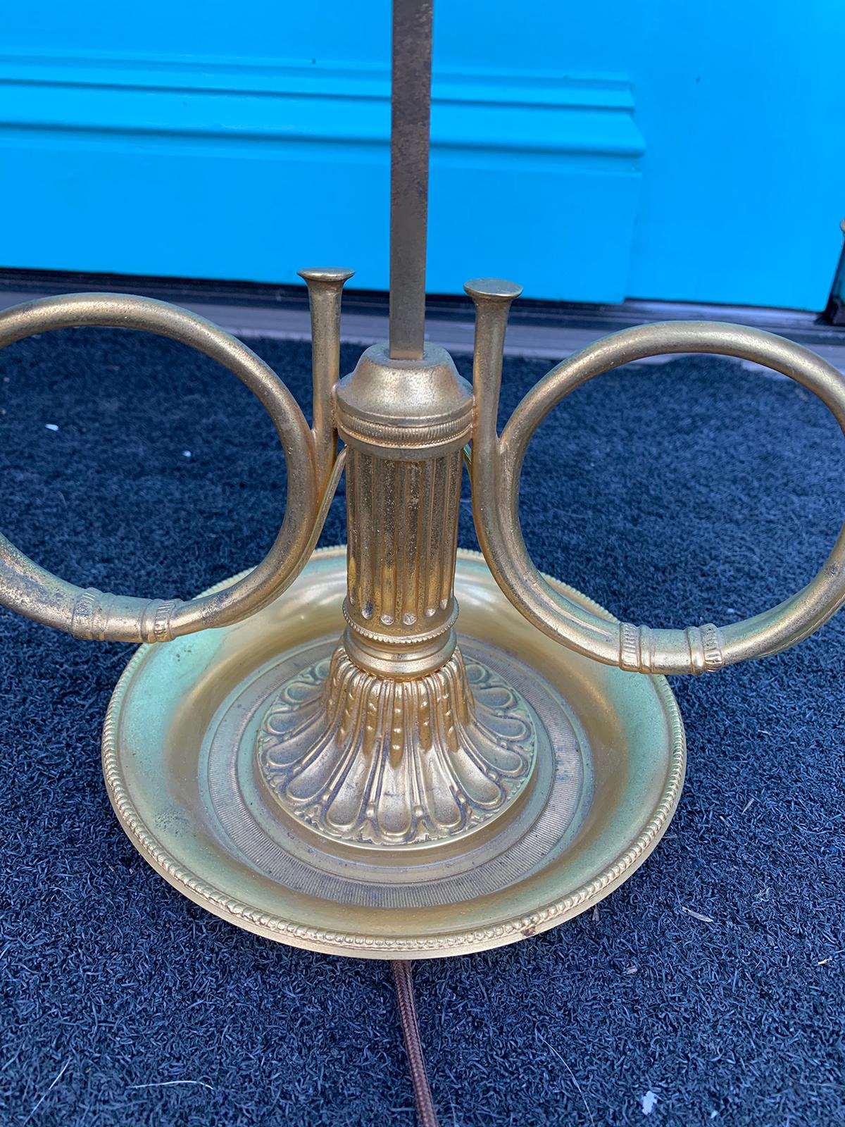 20th Century Bronze Two-Arm Bouillotte Lamp, French Horns, Painted Tole Shade 7