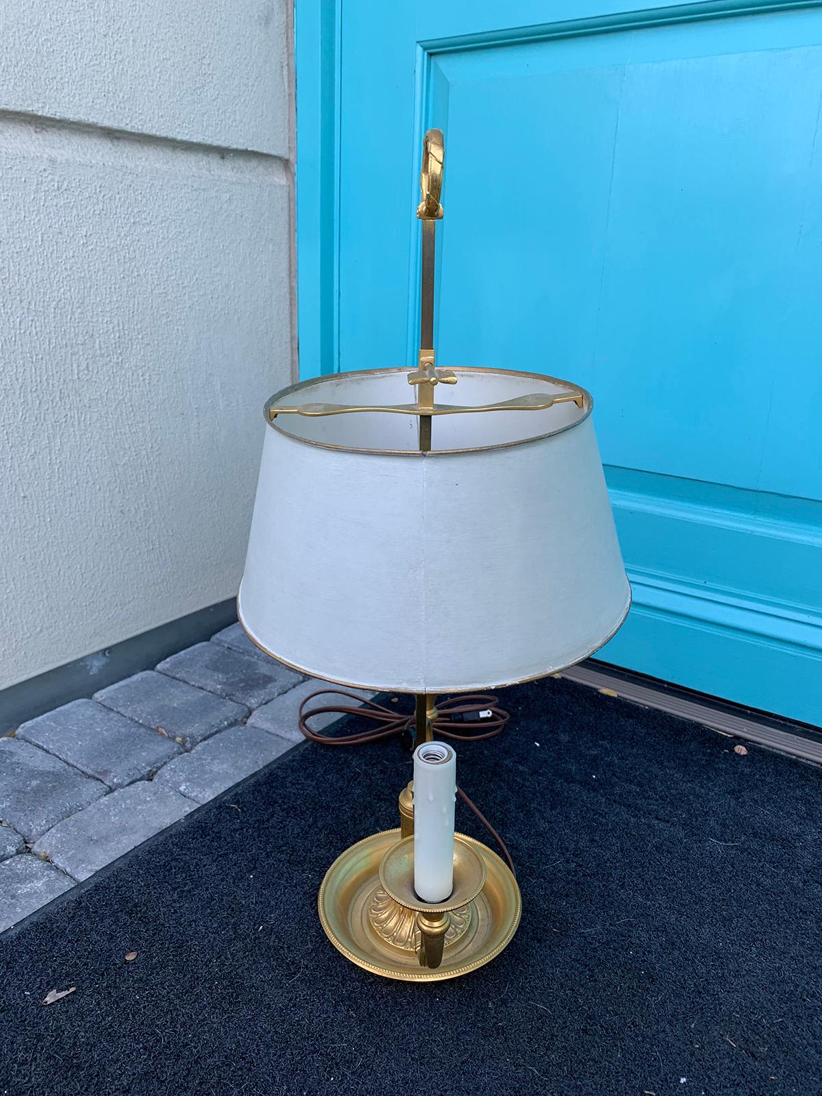 Tôle 20th Century Bronze Two-Arm Bouillotte Lamp, French Horns, Painted Tole Shade