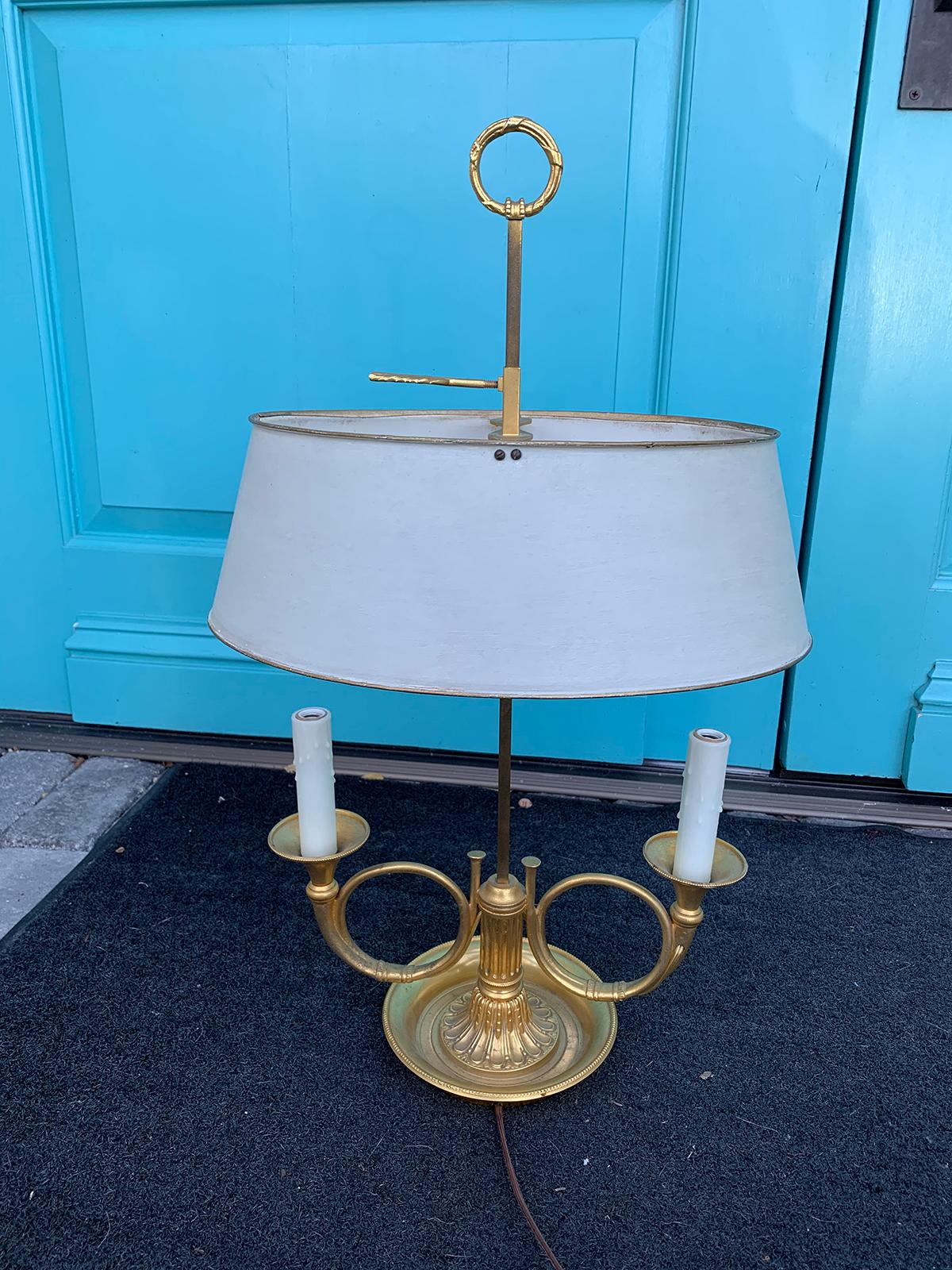 20th Century Bronze Two-Arm Bouillotte Lamp, French Horns, Painted Tole Shade 1