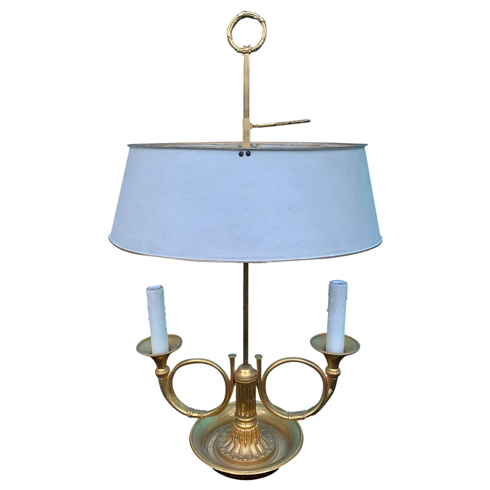 20th Century Bronze Two-Arm Bouillotte Lamp, French Horns, Painted Tole Shade