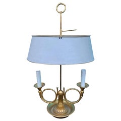 20th Century Bronze Two-Arm Bouillotte Lamp, French Horns, Painted Tole Shade