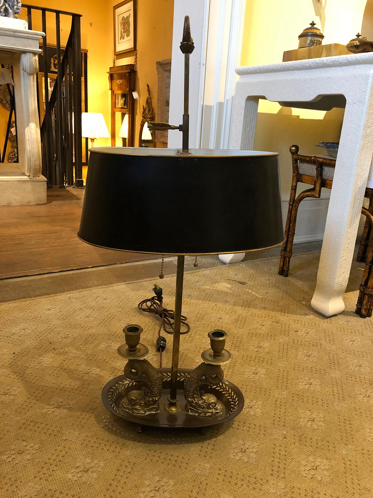 20th century bronze two-arm bouillotte lamp with dolphins & black tole shade
New wiring.