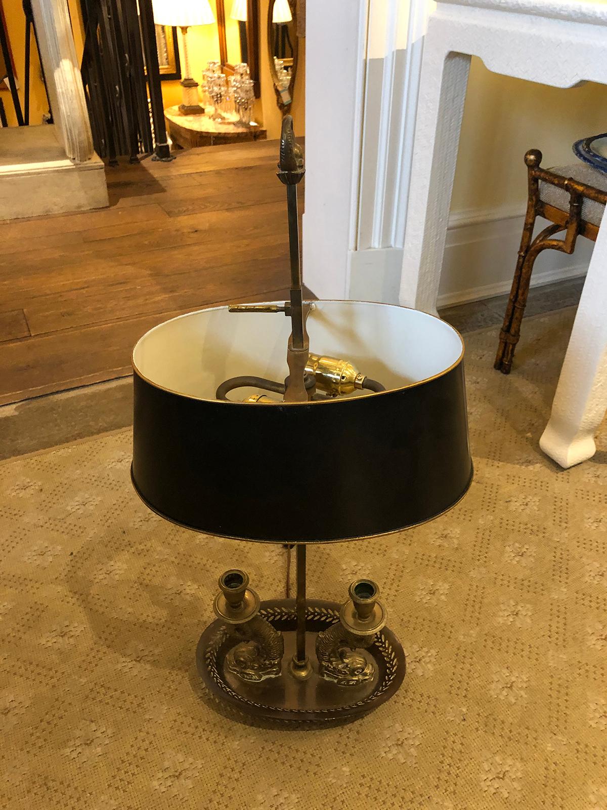 20th Century Bronze Two-Arm Bouillotte Lamp with Dolphins & Black Tole Shade 6