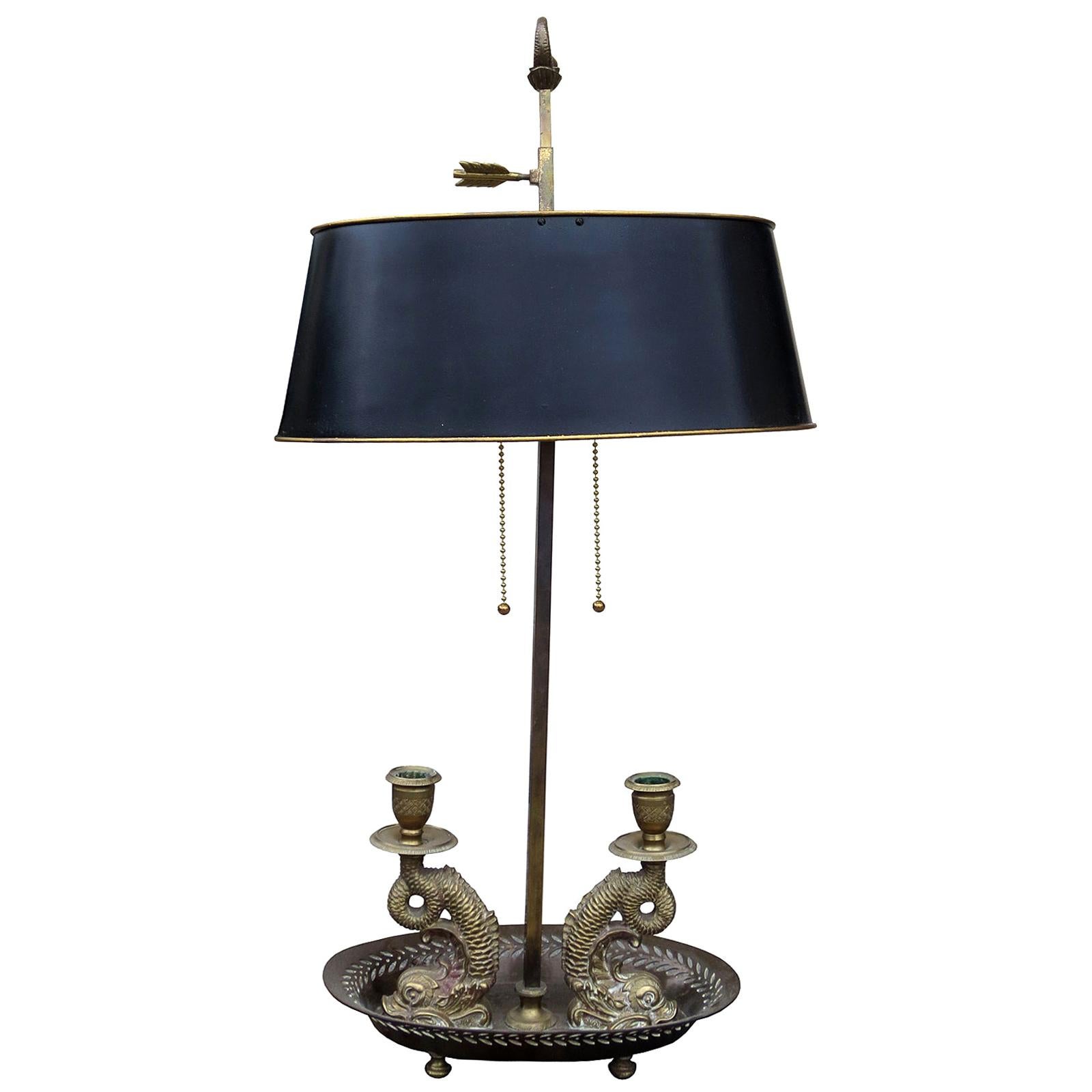 20th Century Bronze Two-Arm Bouillotte Lamp with Dolphins & Black Tole Shade