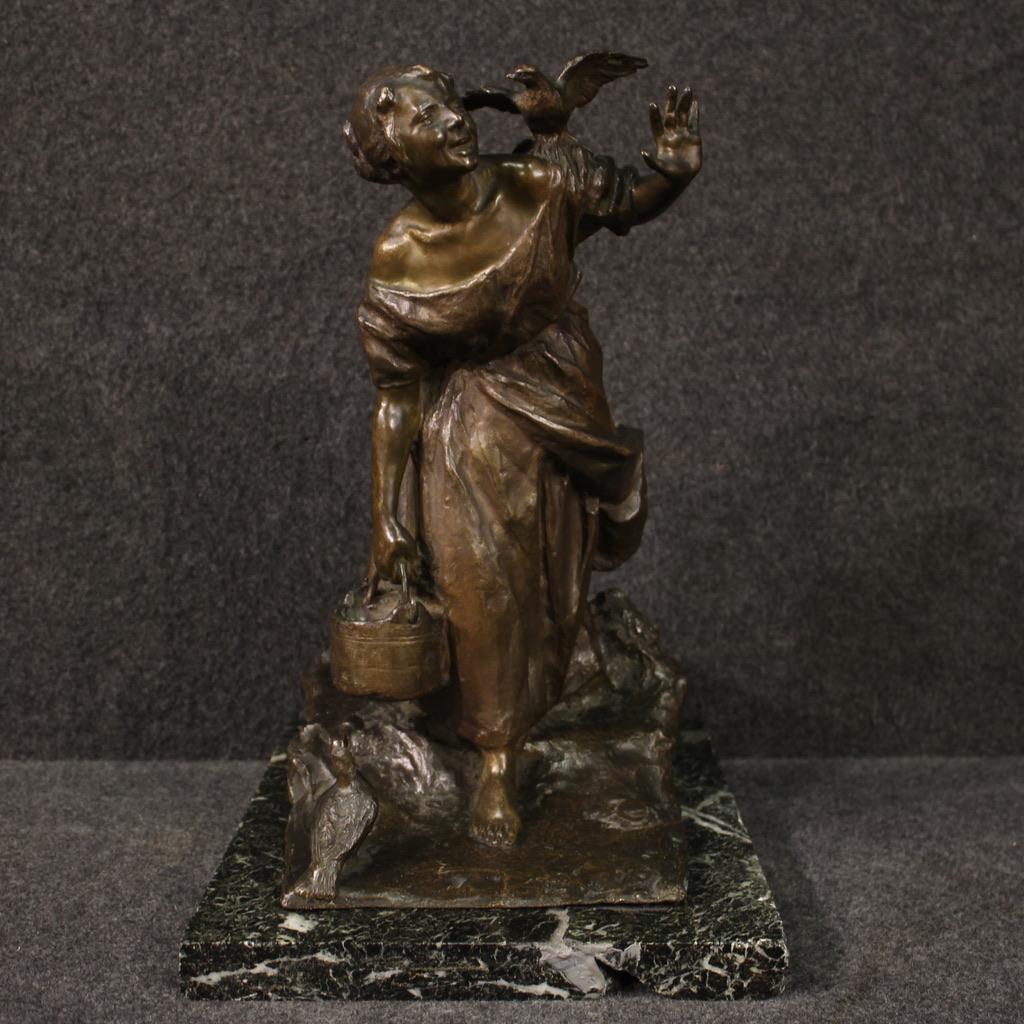 20th Century Bronze with Marble Base Peasant Italian Sculpture, 1930s In Good Condition For Sale In Vicoforte, Piedmont