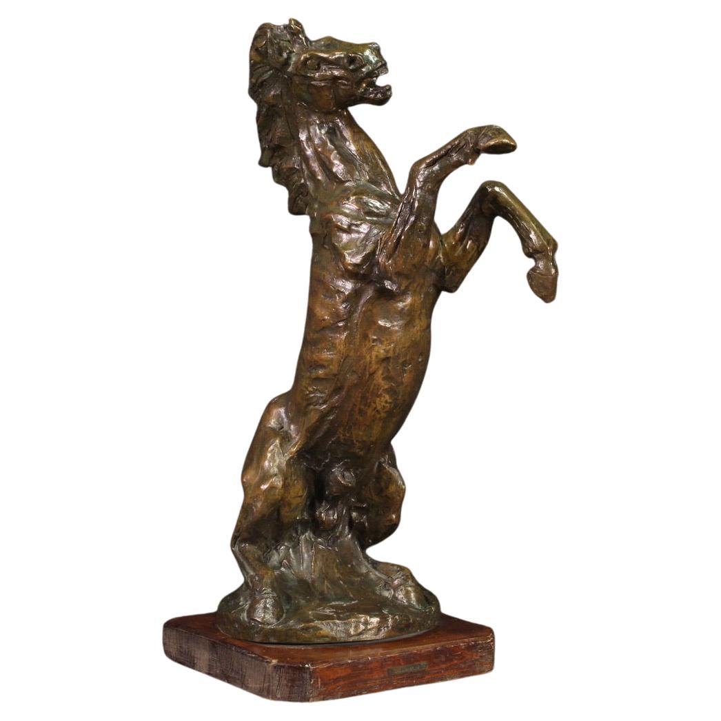 20th Century Bronze with Wood Base Horse Italian Signed Sculpture, 1980
