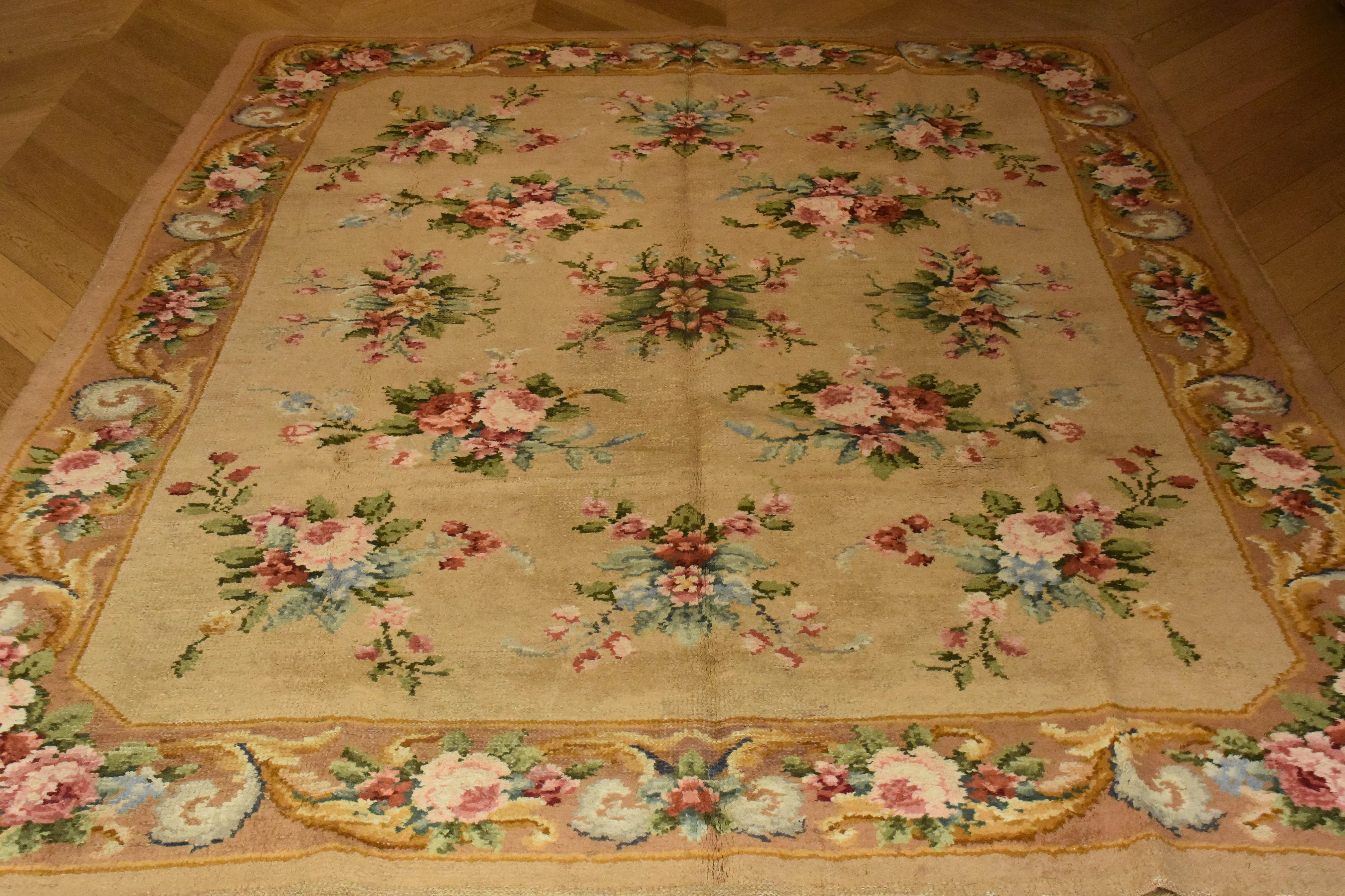 Art Deco 20th Century, Brown and Floreal Motifs Savonerie French Rug, ca 1920 For Sale