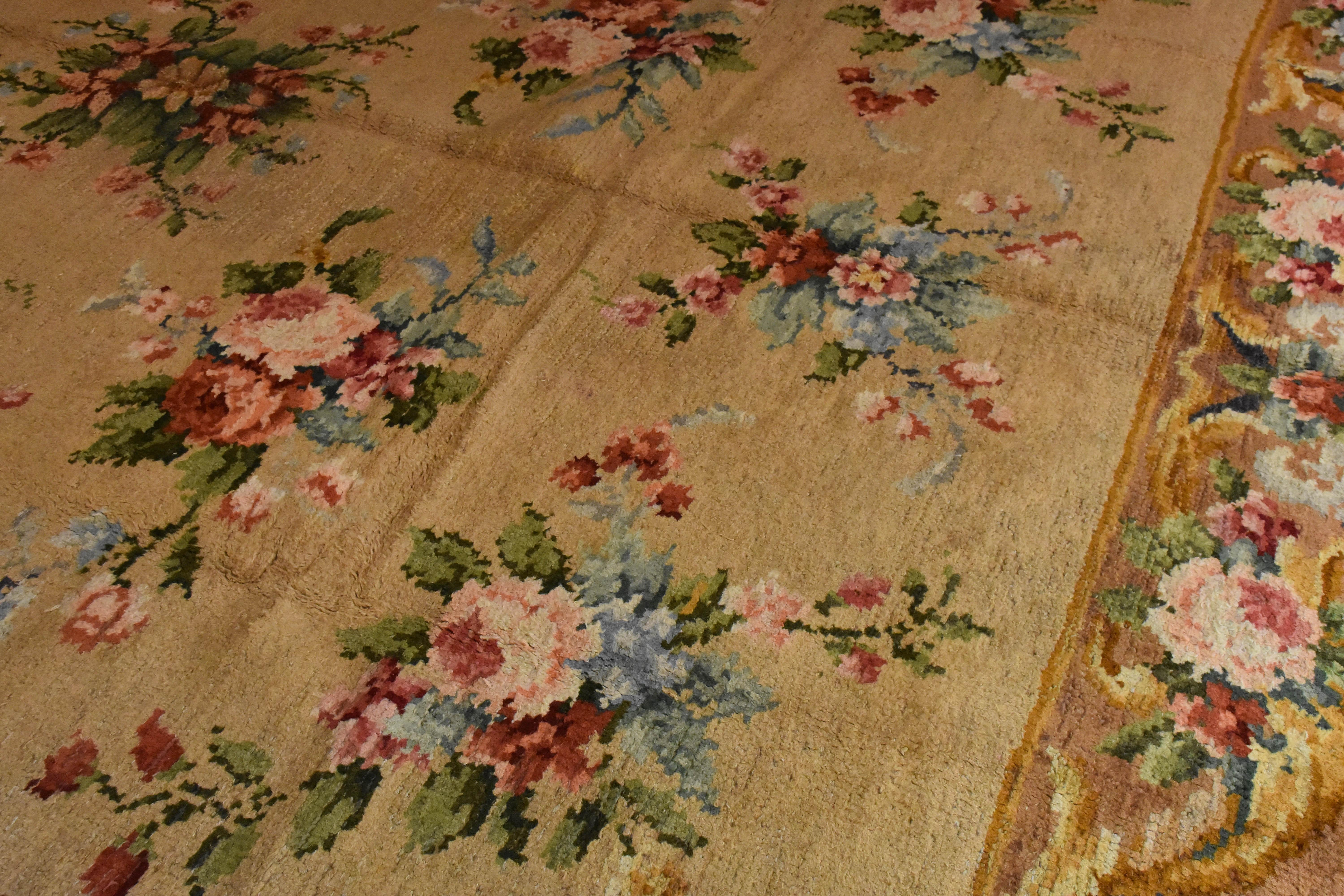 Wool 20th Century, Brown and Floreal Motifs Savonerie French Rug, ca 1920 For Sale