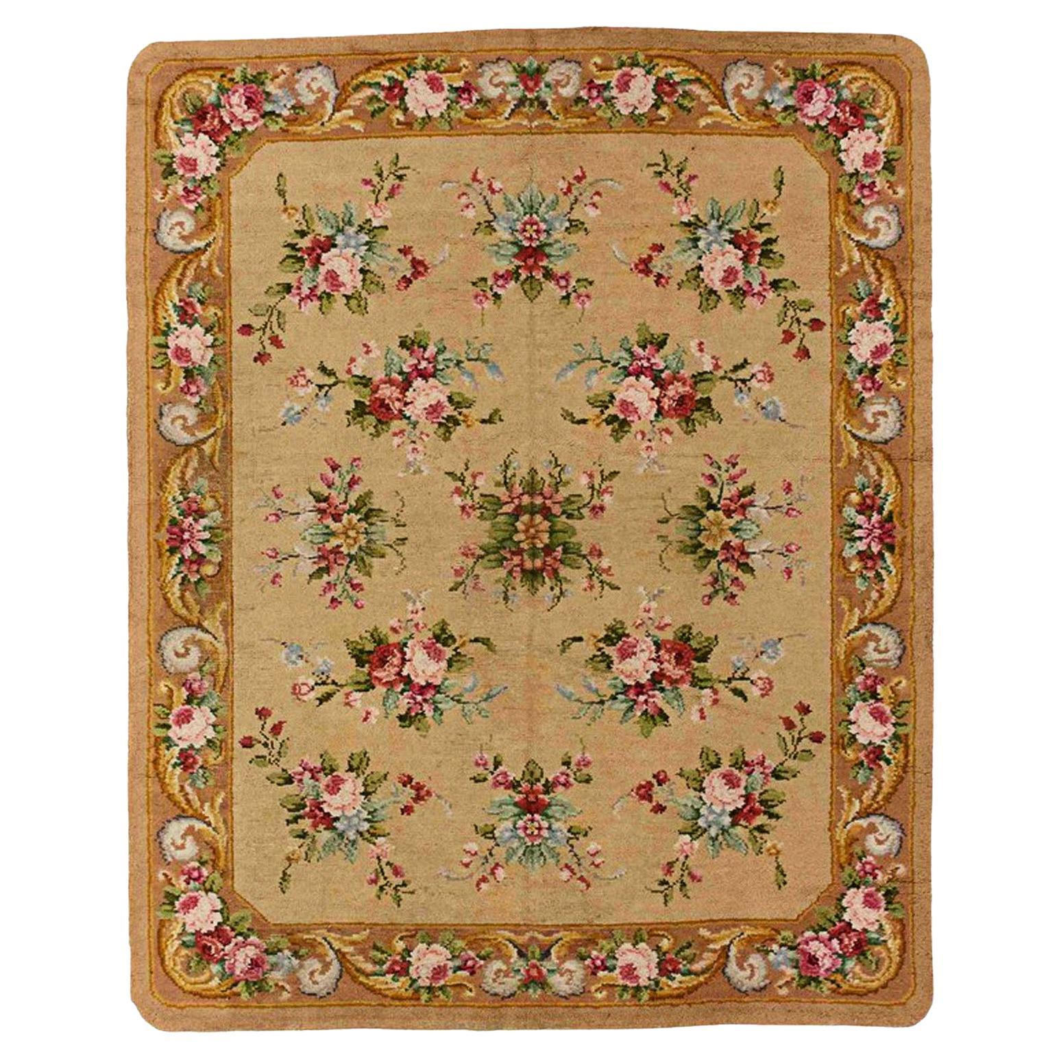 20th Century, Brown and Floreal Motifs Savonerie French Rug, ca 1920