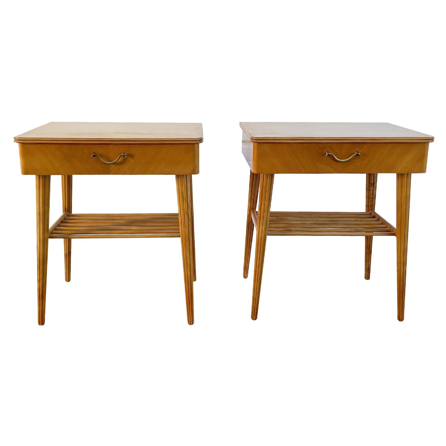 Mid-Century Modern 20th Century Danish Pair of Birchwood Nightstands - Vintage Brass Bedside Tables For Sale