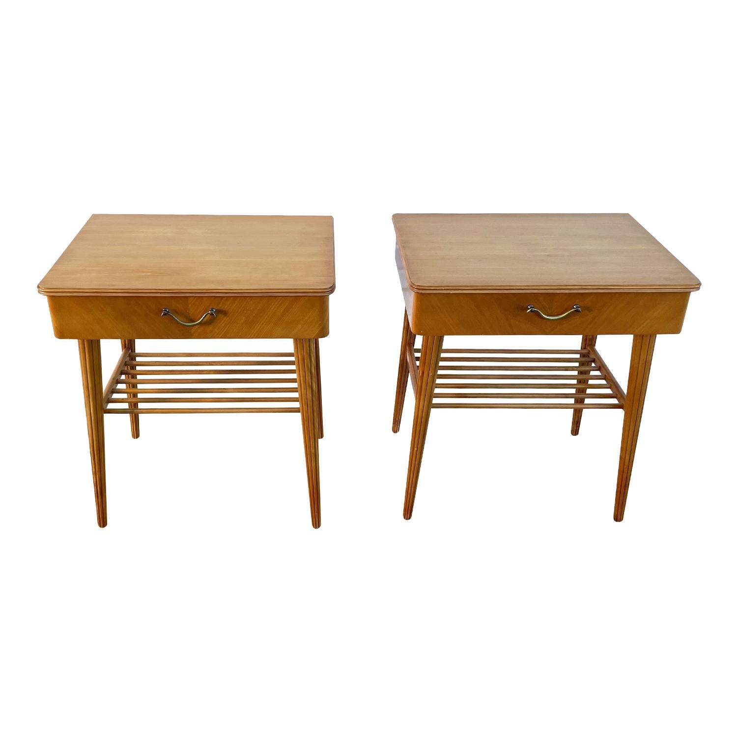 Polished 20th Century Danish Pair of Birchwood Nightstands - Vintage Brass Bedside Tables For Sale