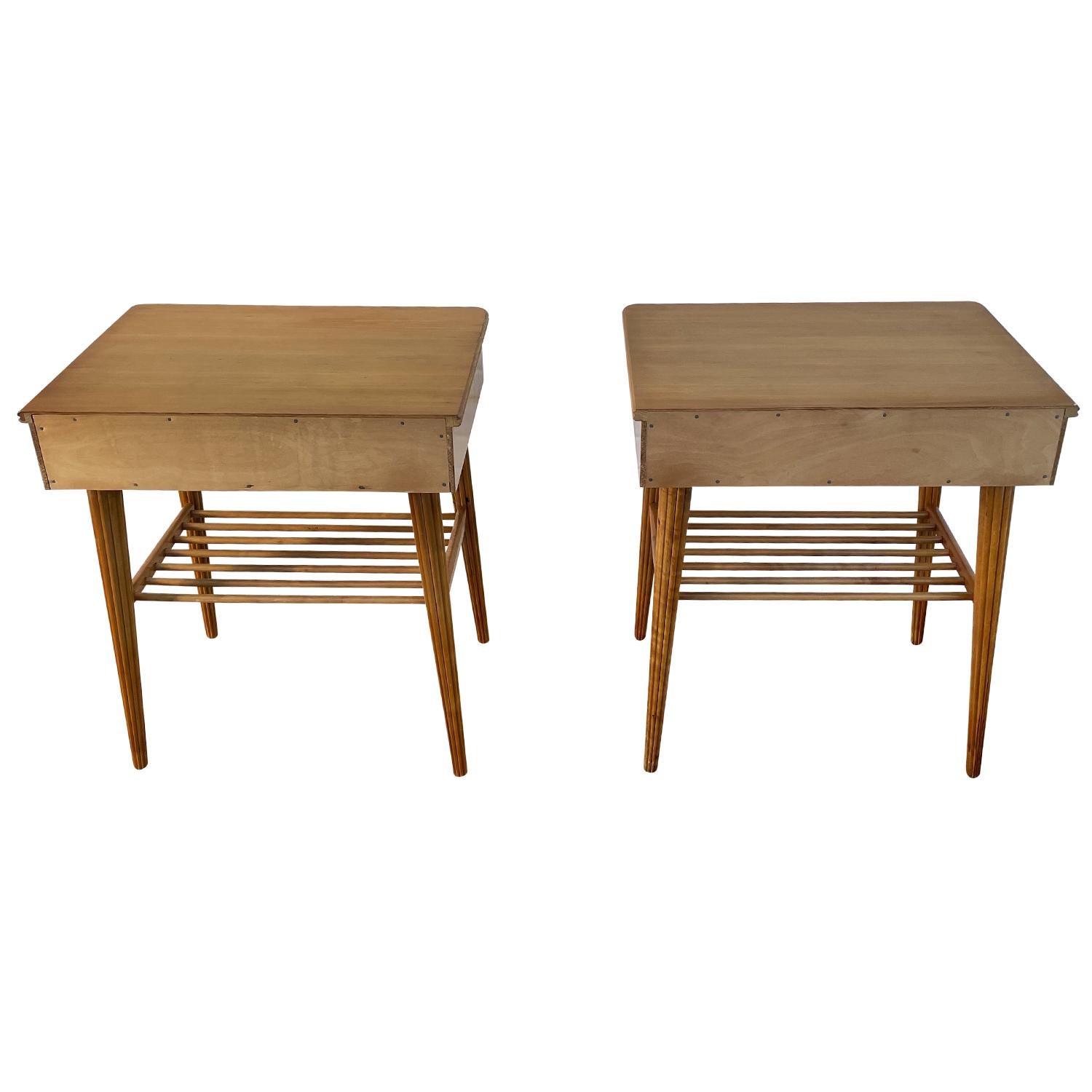 20th Century Danish Pair of Birchwood Nightstands - Vintage Brass Bedside Tables For Sale 2