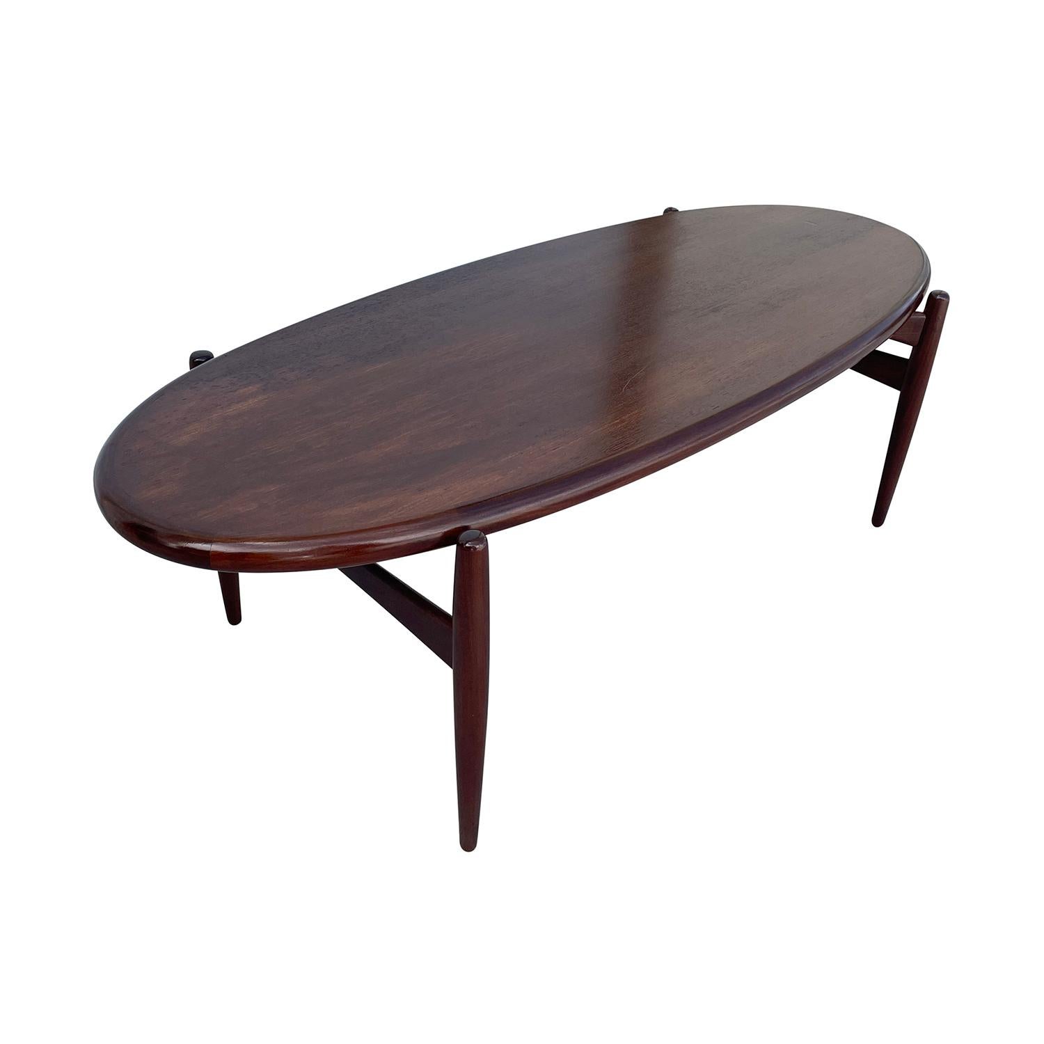 Hand-Carved 20th Century Brown Danish Teakwood Oval Sofa Table, Scandinavian Coffee Table For Sale
