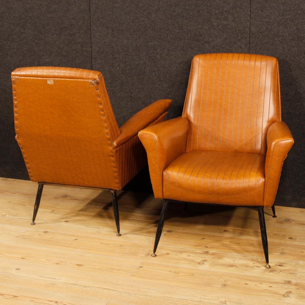 20th Century Brown Faux Leather and Metal Italian Design Pair of Armchairs, 1970 In Fair Condition In Vicoforte, Piedmont