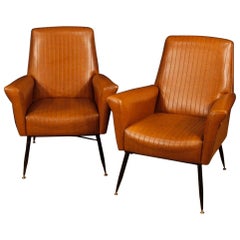 20th Century Brown Faux Leather and Metal Italian Design Pair of Armchairs, 1970