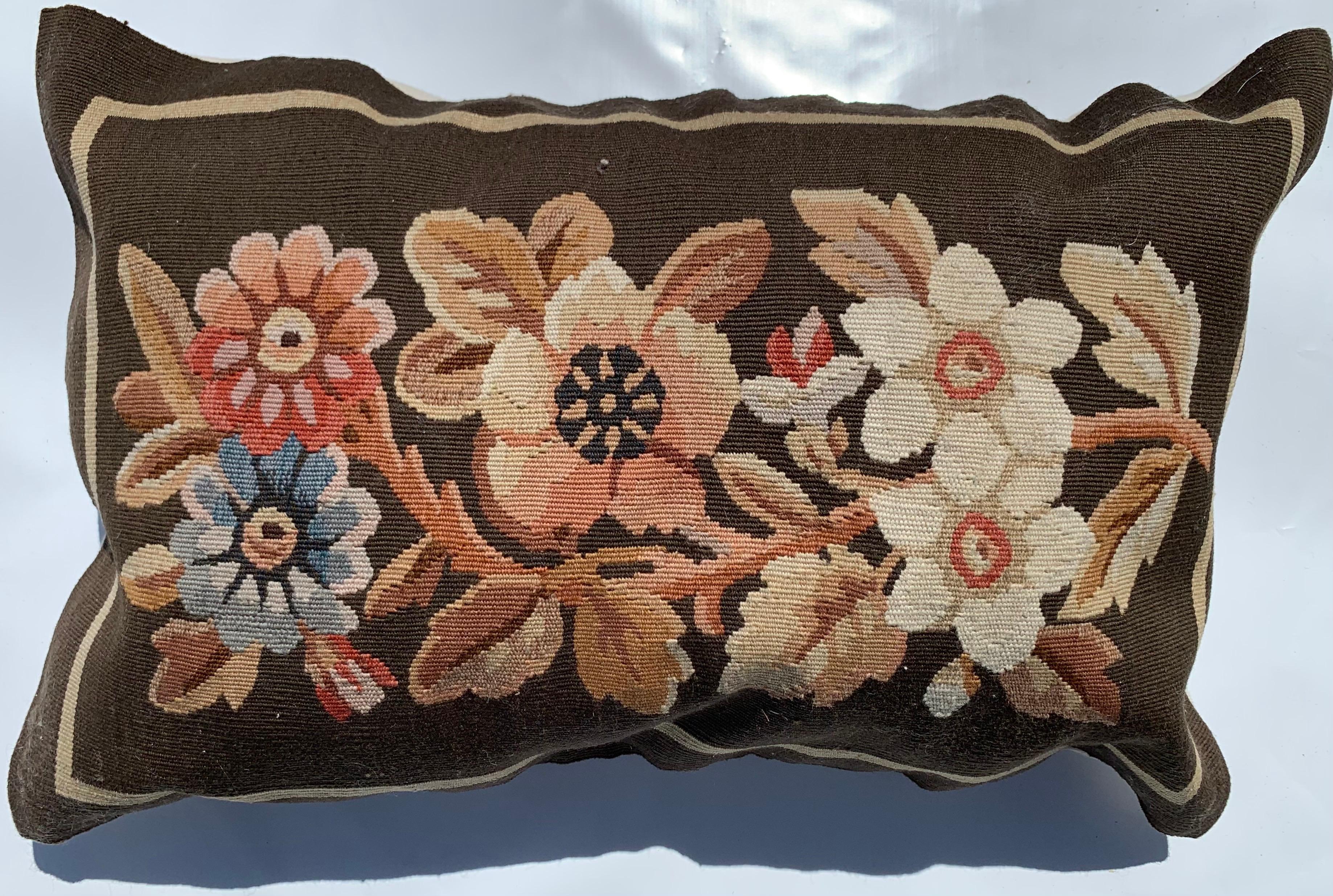 Chinese 20th C. Floral French Aubusson Tapestry Style Needlepoint Lumbar Pillow Case
