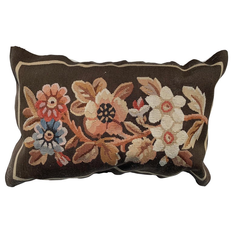20th C. Floral French Aubusson Tapestry Style Needlepoint Lumbar Pillow