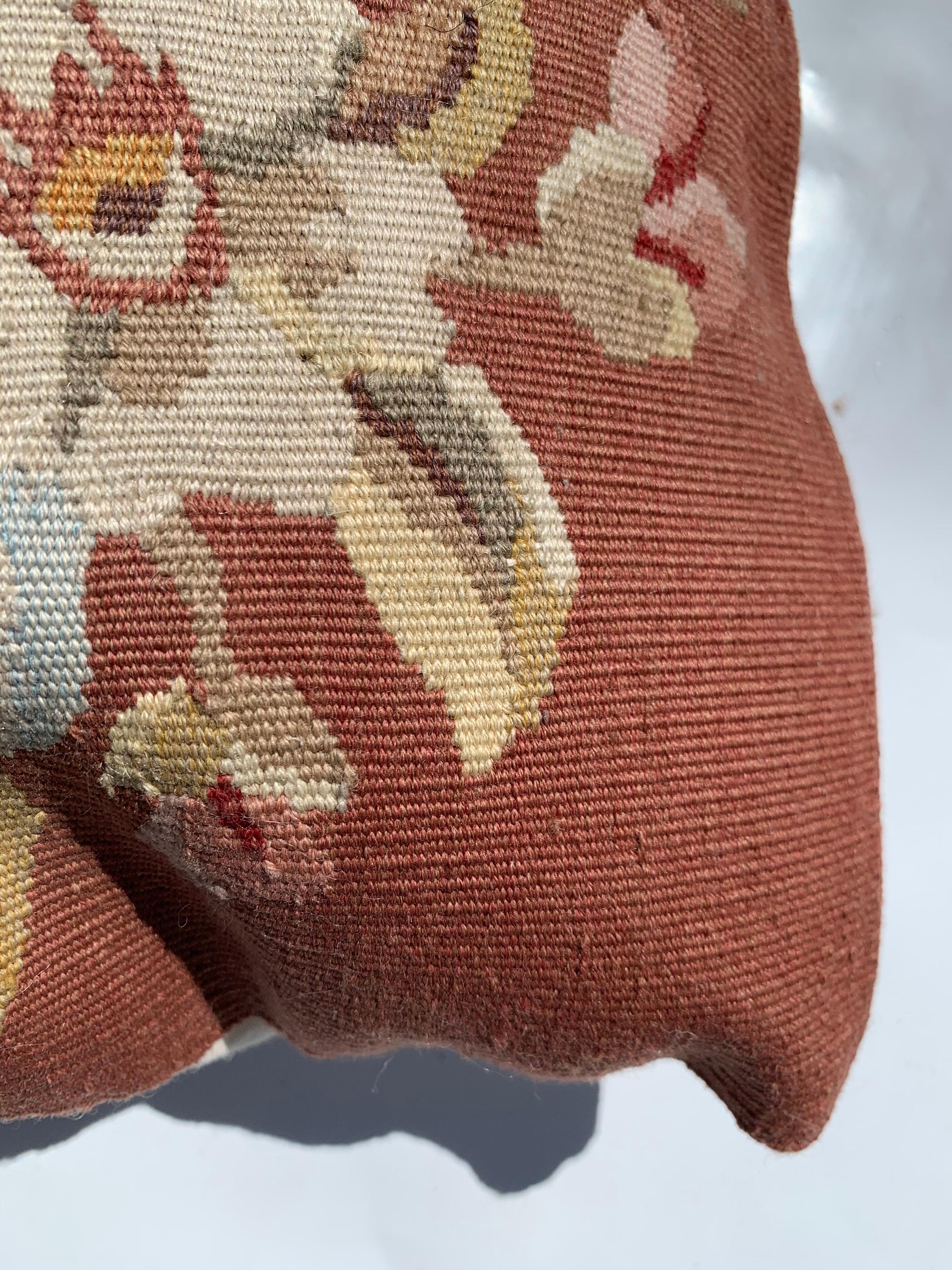 20th Century Floral French Aubusson Tapestry Style Needlepoint Square Pillow In Excellent Condition In New York, NY