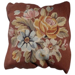 20th Century Floral French Aubusson Tapestry Style Needlepoint Square Pillow