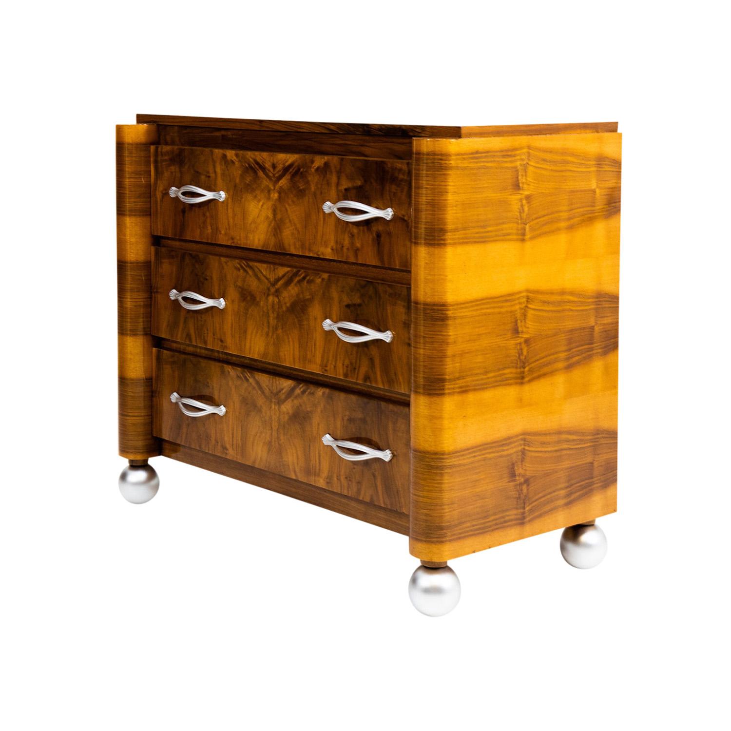 Hand-Carved 20th Century Brown French Art Deco Commode, Veneered Walnut Chest of Drawers