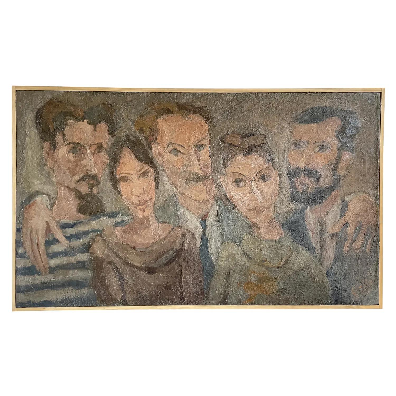 Mid-Century Modern 20th Century Brown French Self-Portrait Oil Painting of Daniel Clesse & Friends For Sale
