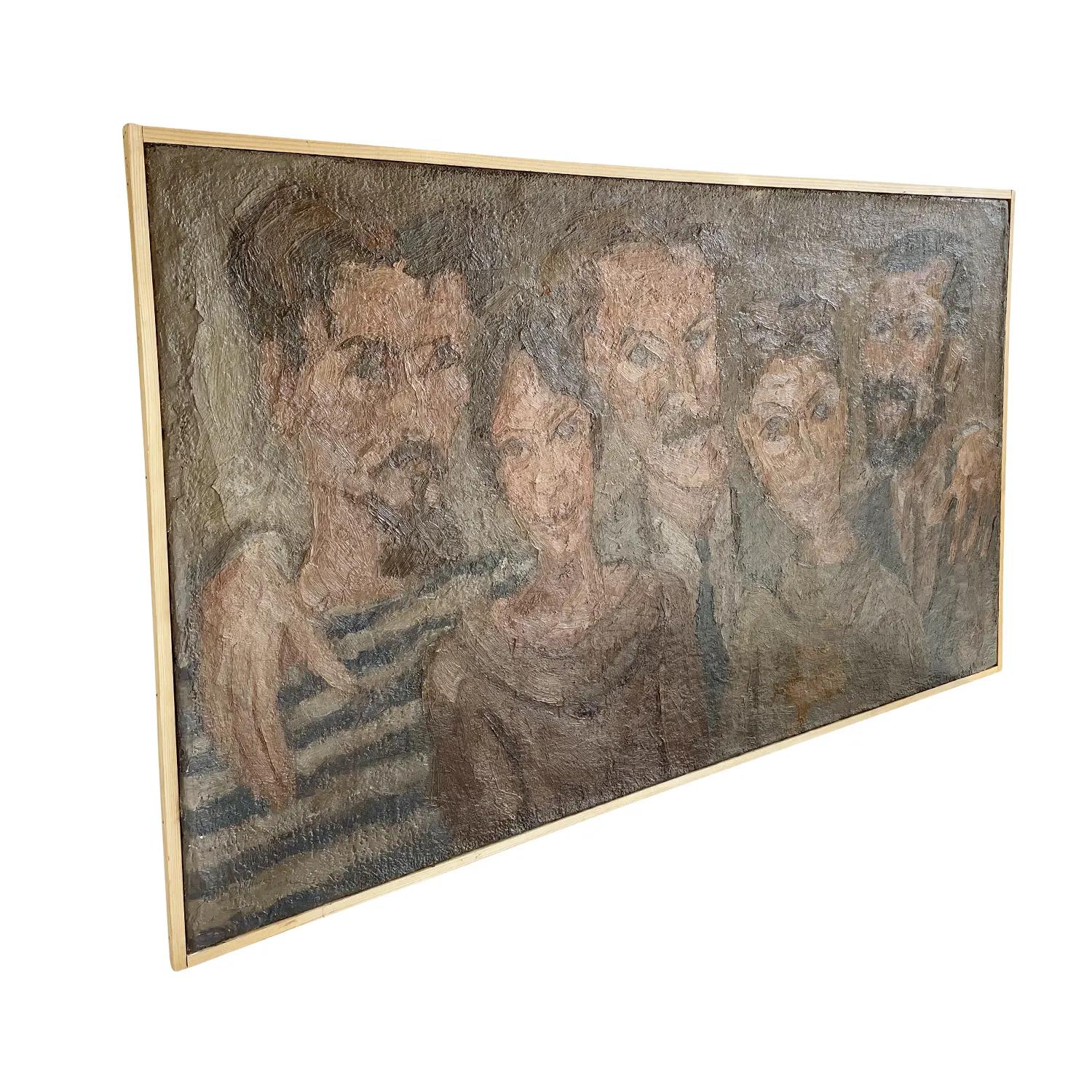 Hand-Crafted 20th Century Brown French Self-Portrait Oil Painting of Daniel Clesse & Friends For Sale