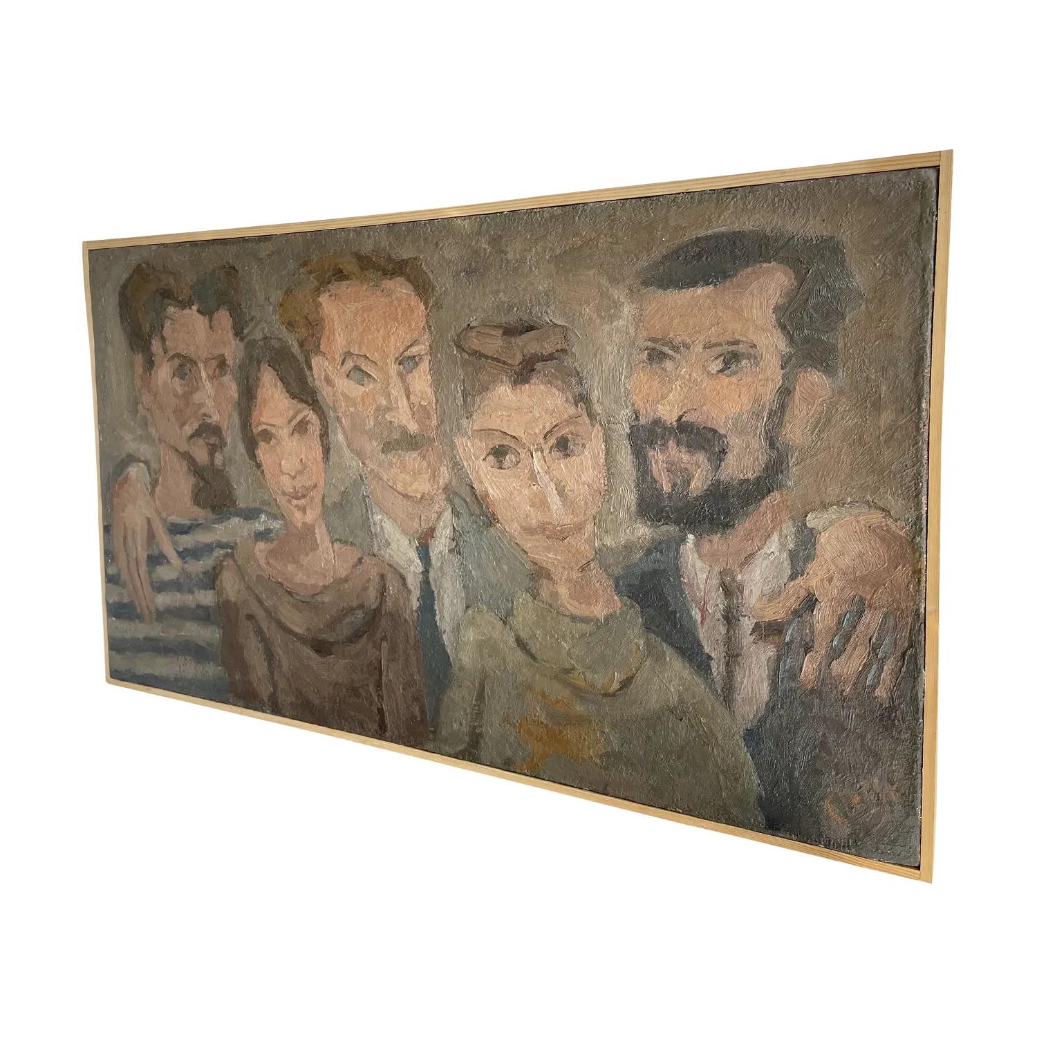 20th Century Brown French Self-Portrait Oil Painting of Daniel Clesse & Friends In Good Condition For Sale In West Palm Beach, FL