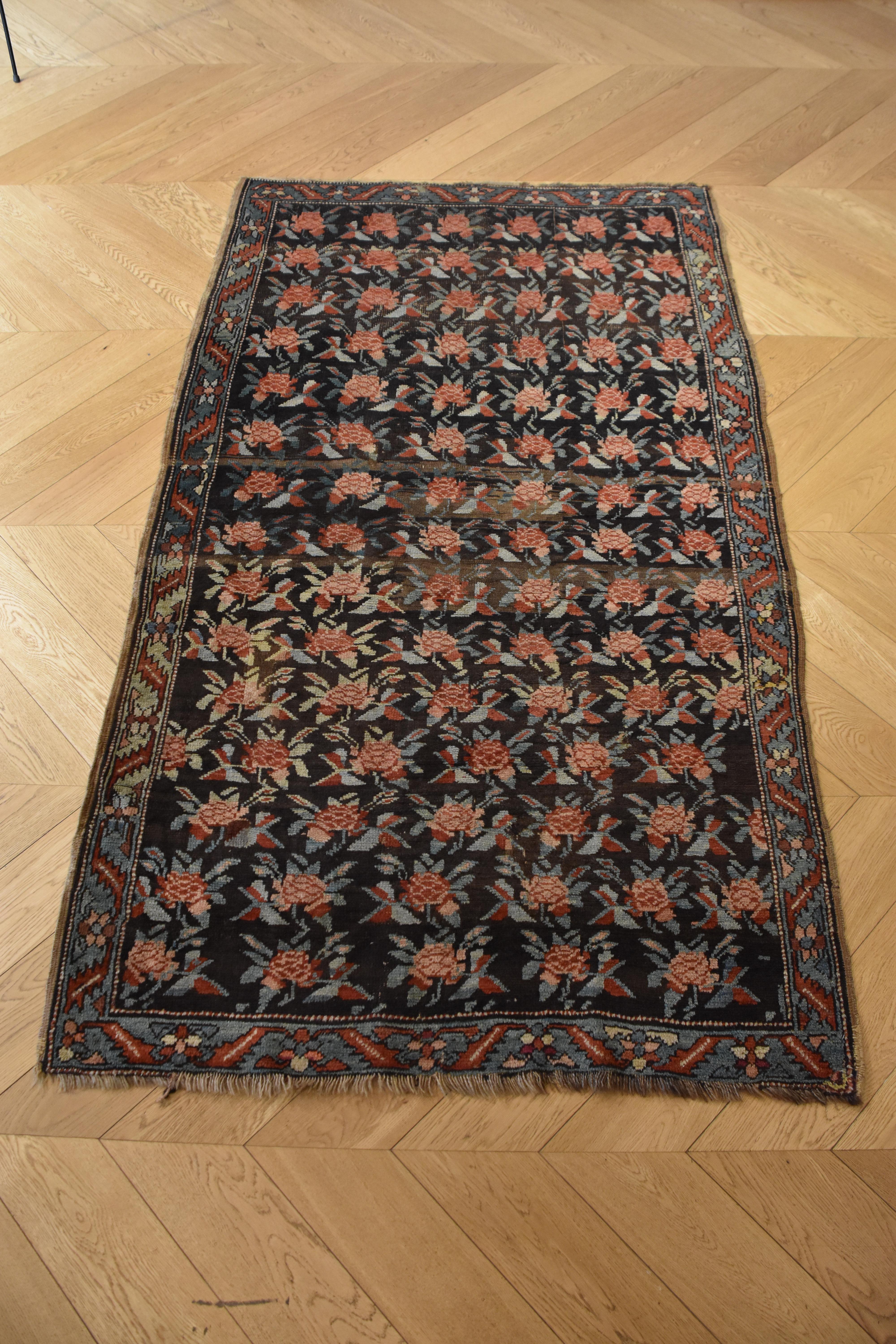 20th Century Brown Green and Red Flower Rose Caucasian Karabagh Rug, 1950s For Sale 6