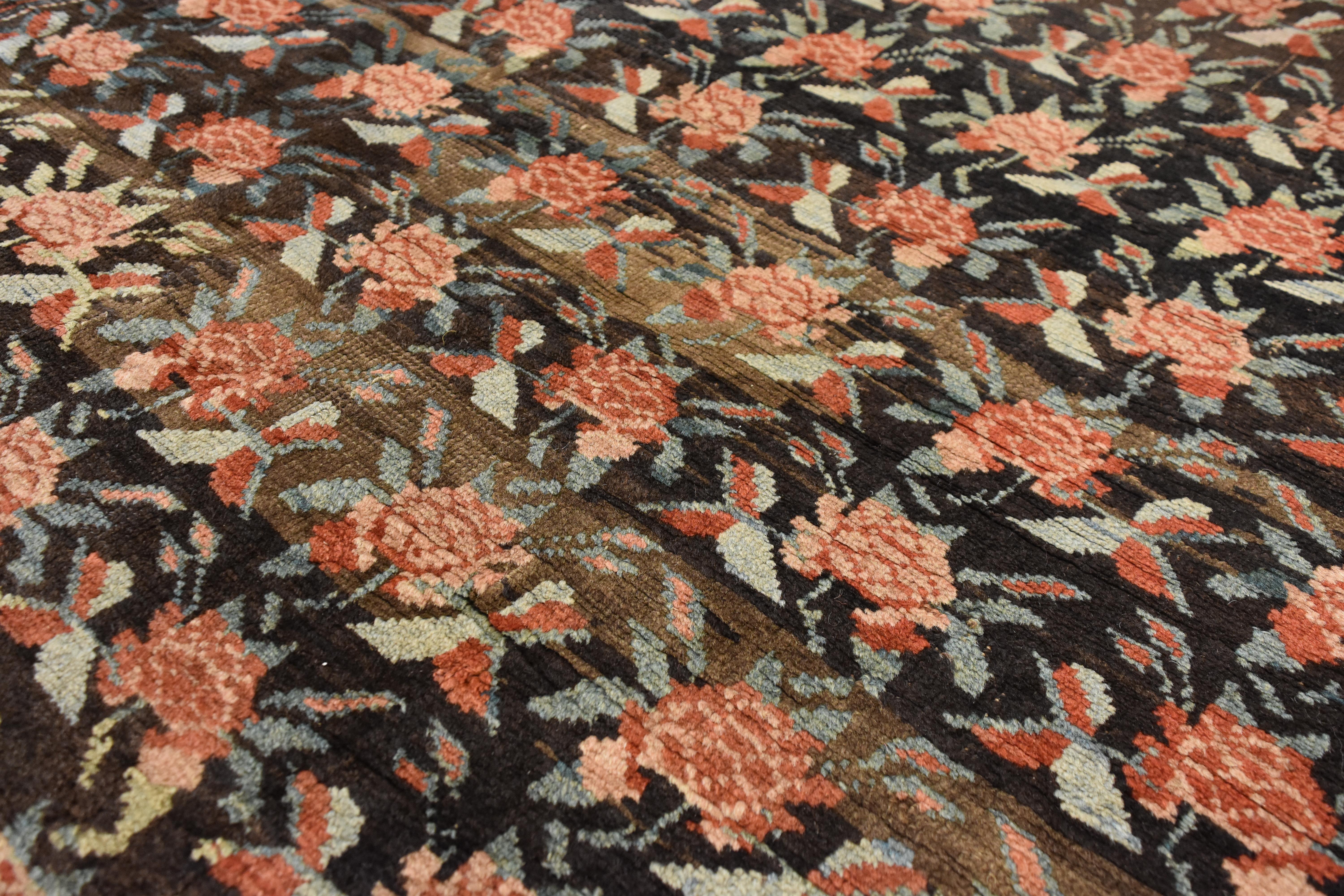 20th Century Brown Green and Red Flower Rose Caucasian Karabagh Rug, 1950s For Sale 7