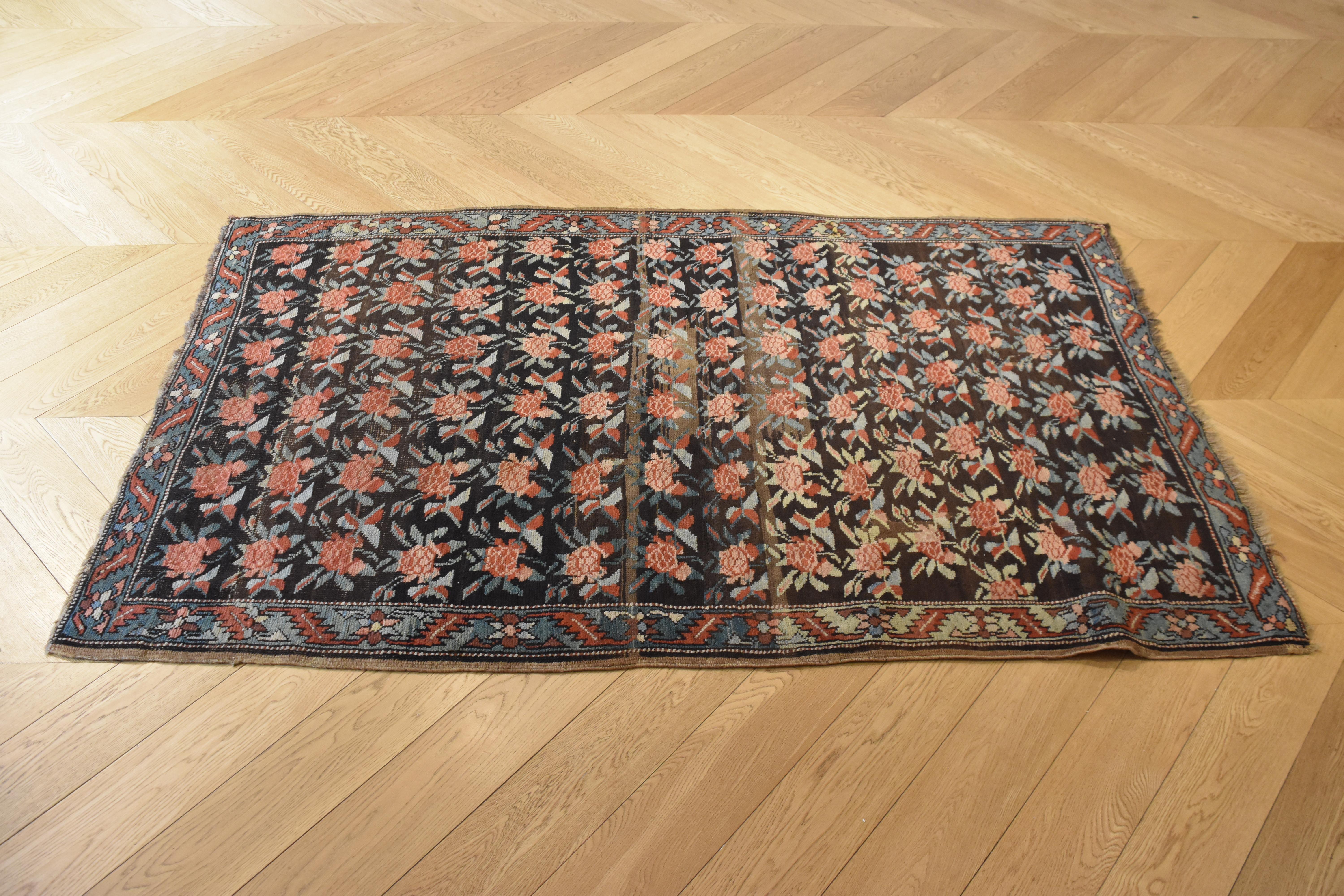 20th Century Brown Green and Red Flower Rose Caucasian Karabagh Rug, 1950s For Sale 8
