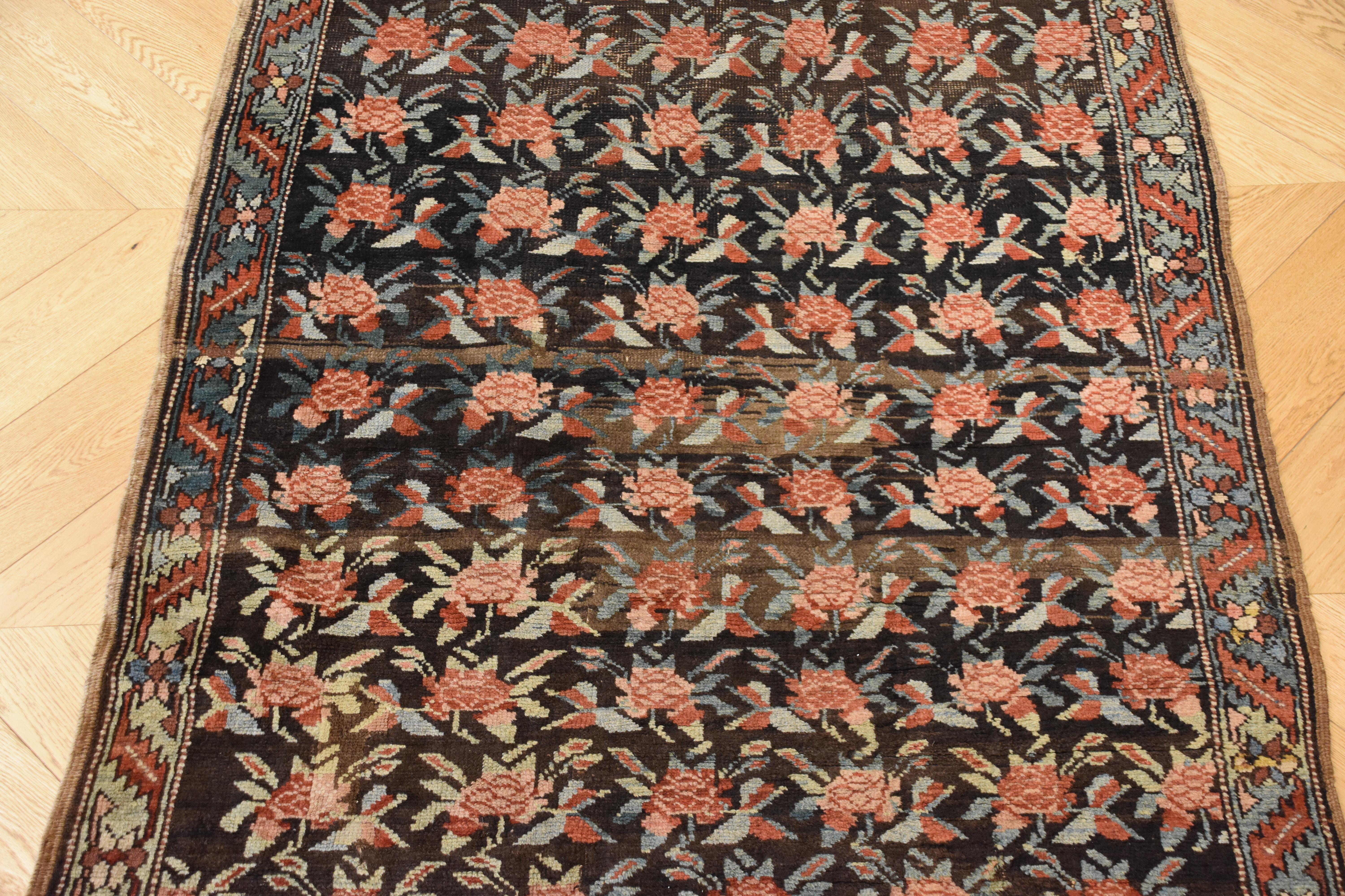Hand-Knotted 20th Century Brown Green and Red Flower Rose Caucasian Karabagh Rug, 1950s For Sale