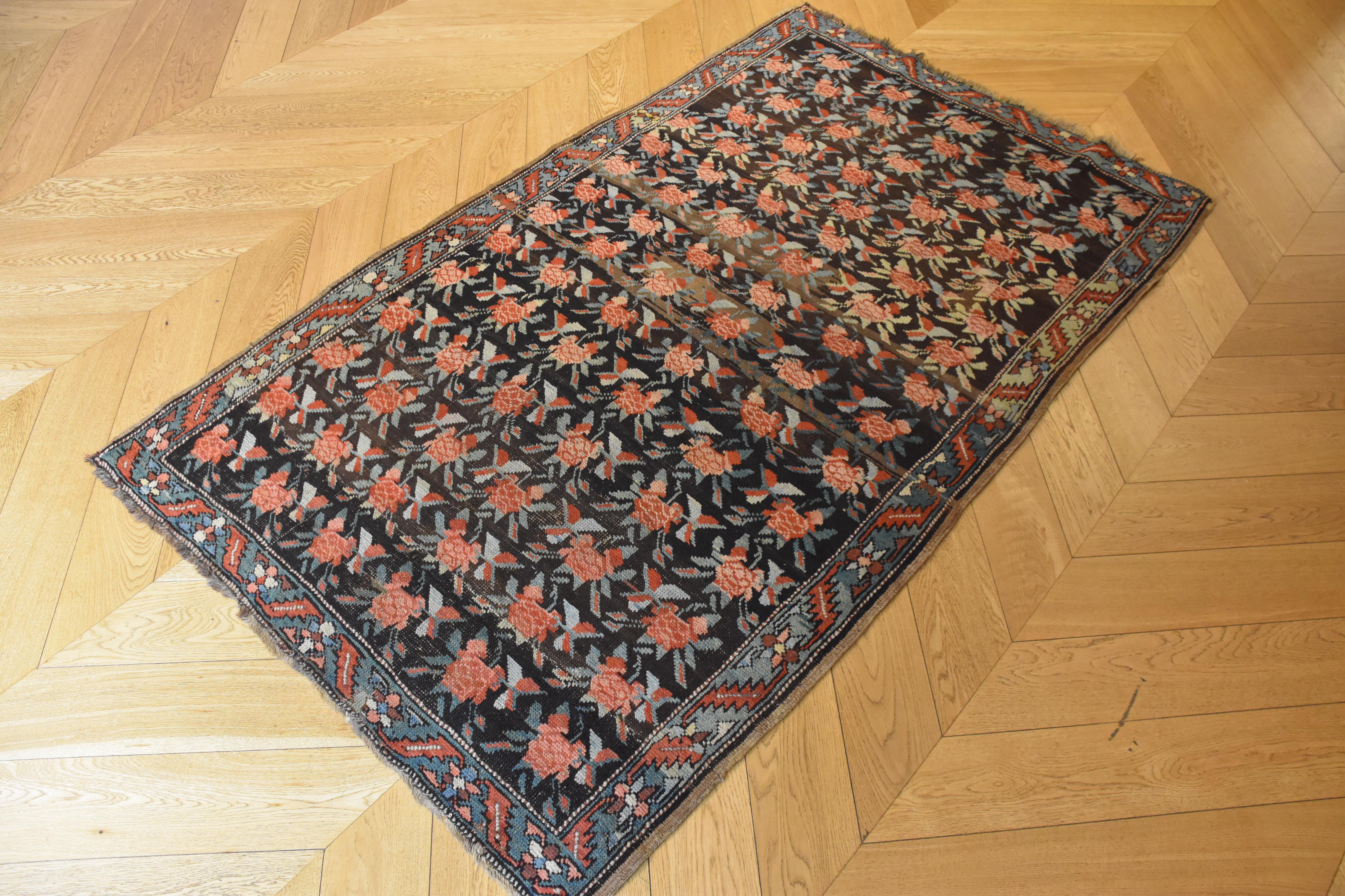 20th Century Brown Green and Red Flower Rose Caucasian Karabagh Rug, 1950s In Good Condition For Sale In Firenze, IT