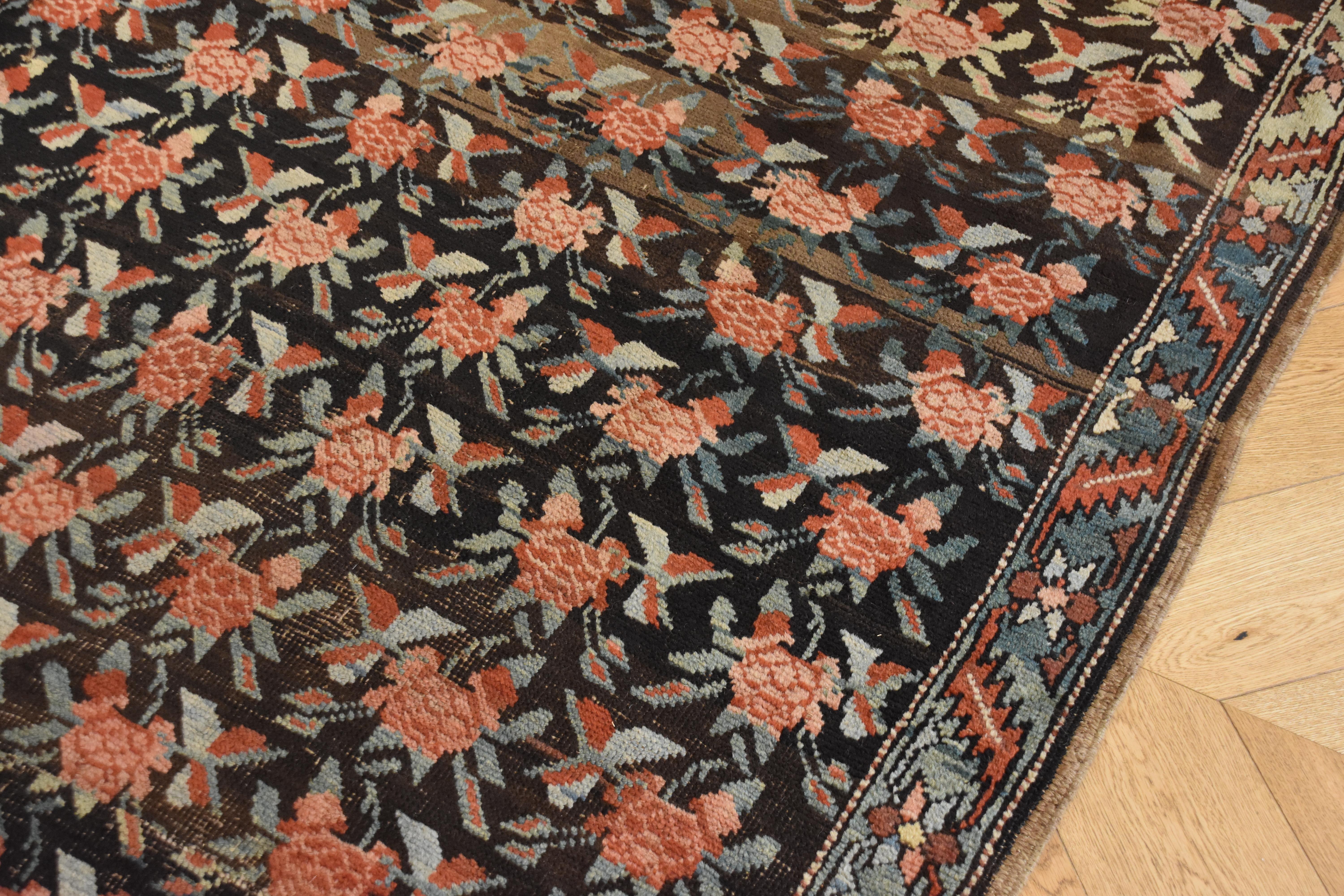 Wool 20th Century Brown Green and Red Flower Rose Caucasian Karabagh Rug, 1950s For Sale
