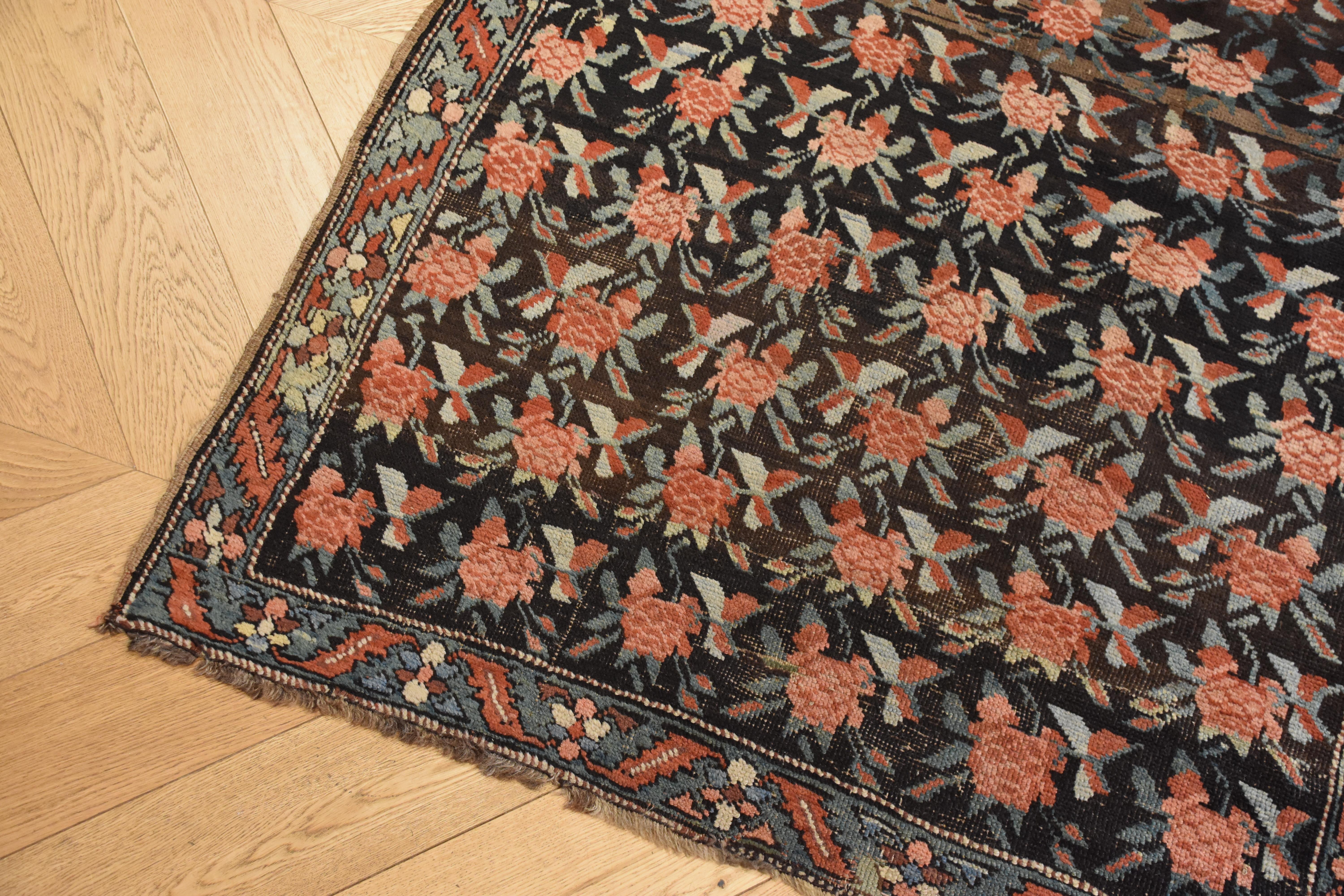 20th Century Brown Green and Red Flower Rose Caucasian Karabagh Rug, 1950s For Sale 1
