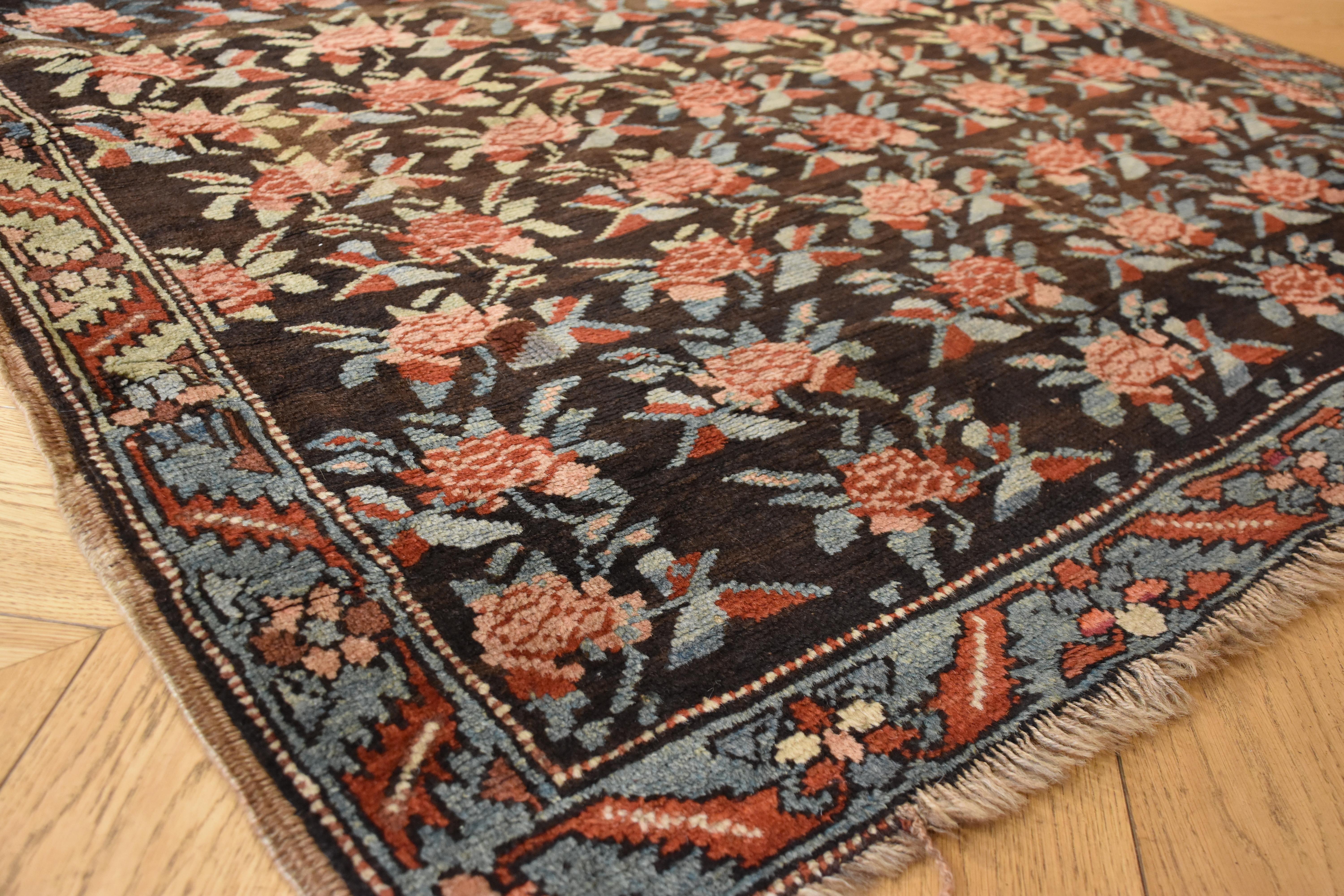20th Century Brown Green and Red Flower Rose Caucasian Karabagh Rug, 1950s For Sale 2