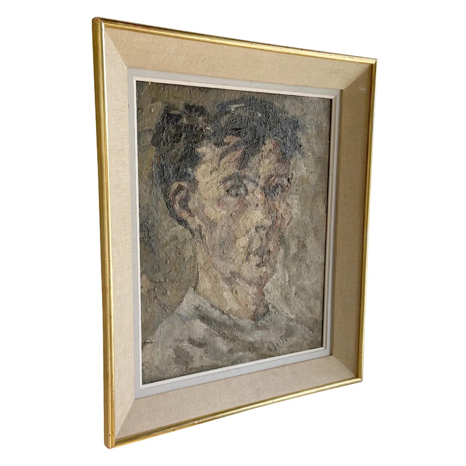 A light-brown, green vintage Mid-Century Modern French self-portrait oil on canvas painting of Daniel Clesse in a gilded wood frame, in good condition. Signed on the lower right. Wear consistent with age and use. Dated 1961, Paris,