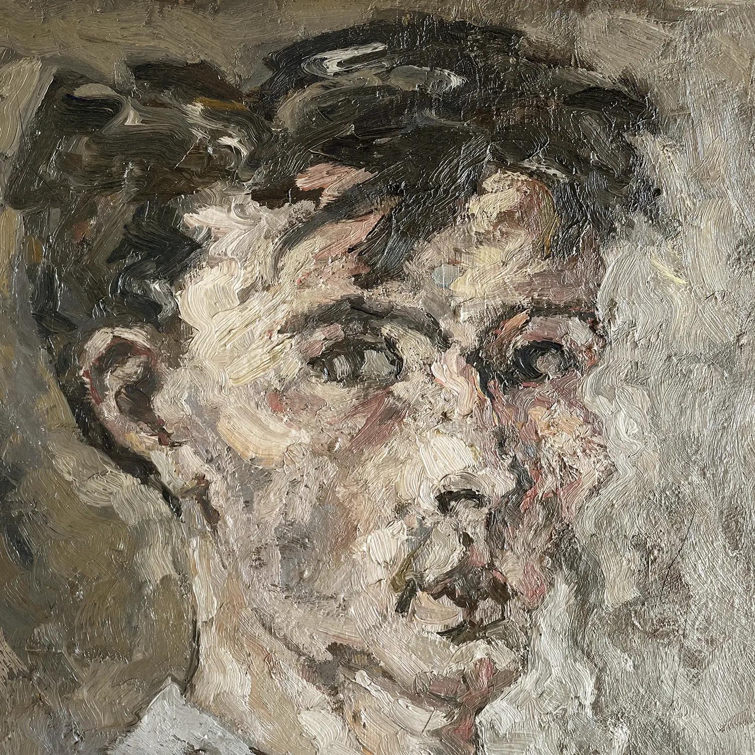 Hand-Carved 20th Century Brown-Green French Self-Portrait Oil Painting of Daniel Clesse