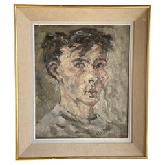 Peinture à l'huile - Self-Portrait français du 20ème siècle - Brun-vert de Daniel Clesse