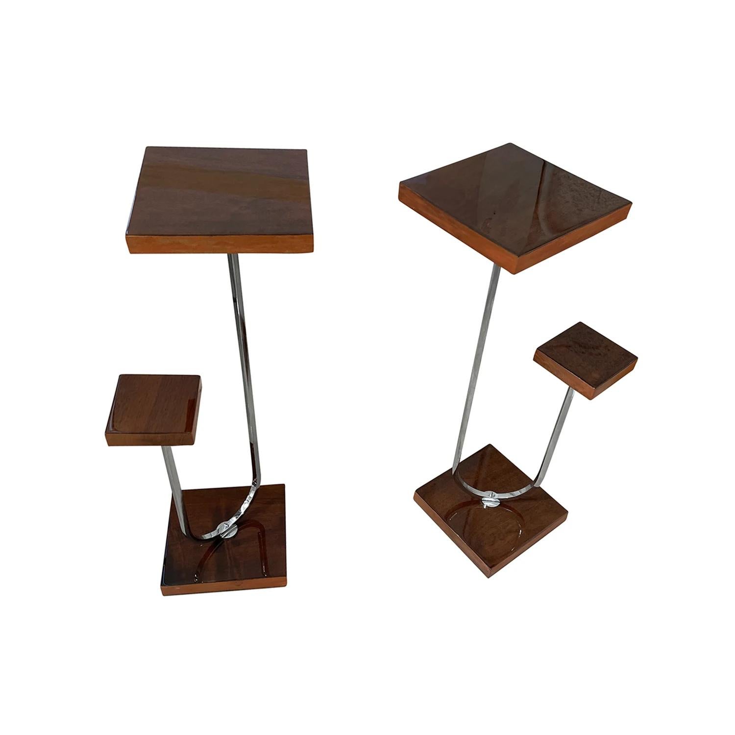 Metal 20th Century Italian Art Deco Pair of Small Mahogany Pedestals, Side Tables For Sale