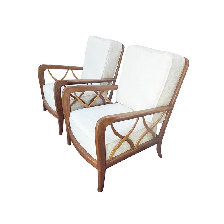 Fabric 20th Century Brown Italian Pair of Cherry, Maplewood Armchairs by Paolo Buffa For Sale