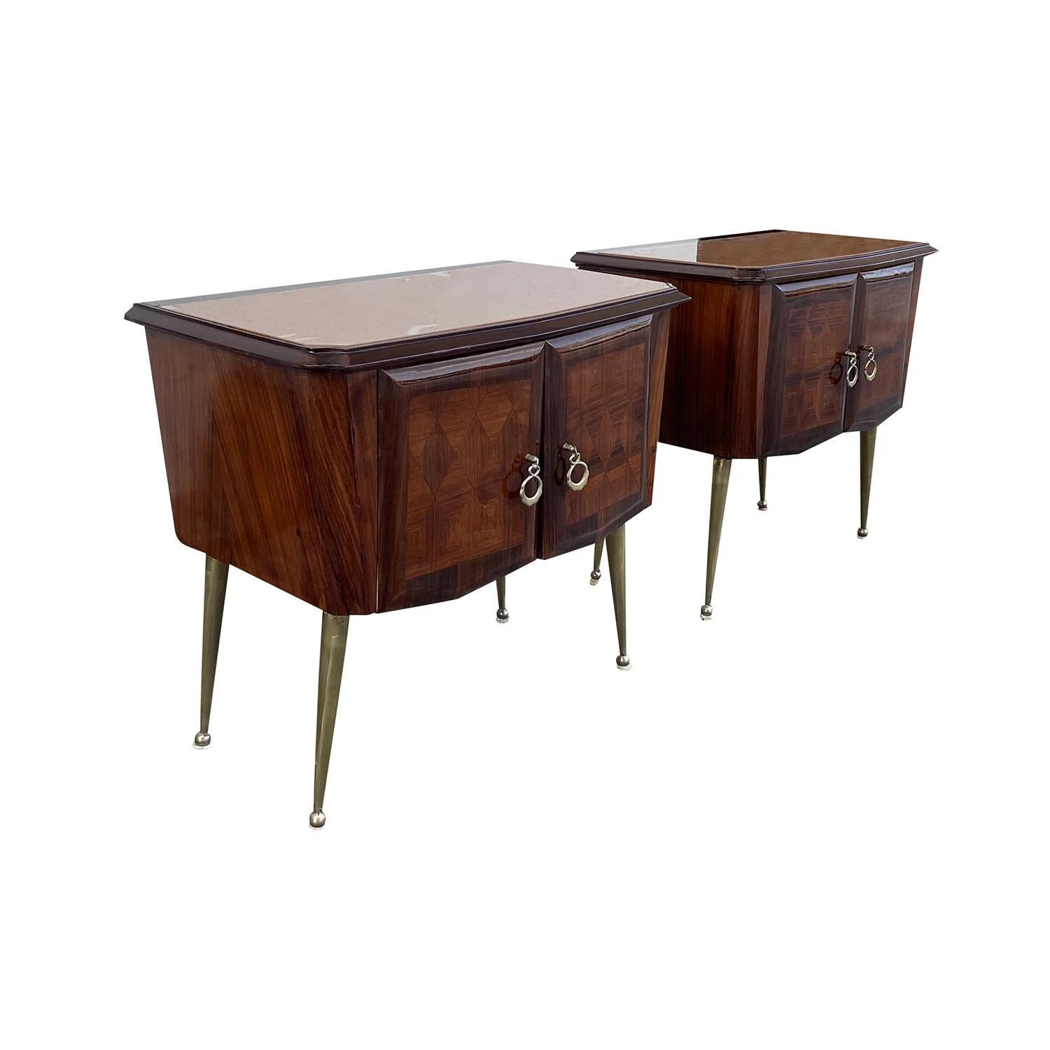 20th Century Italian Pair of Vintage Rosewood Nightstands - Brass Bedside Tables In Good Condition In West Palm Beach, FL