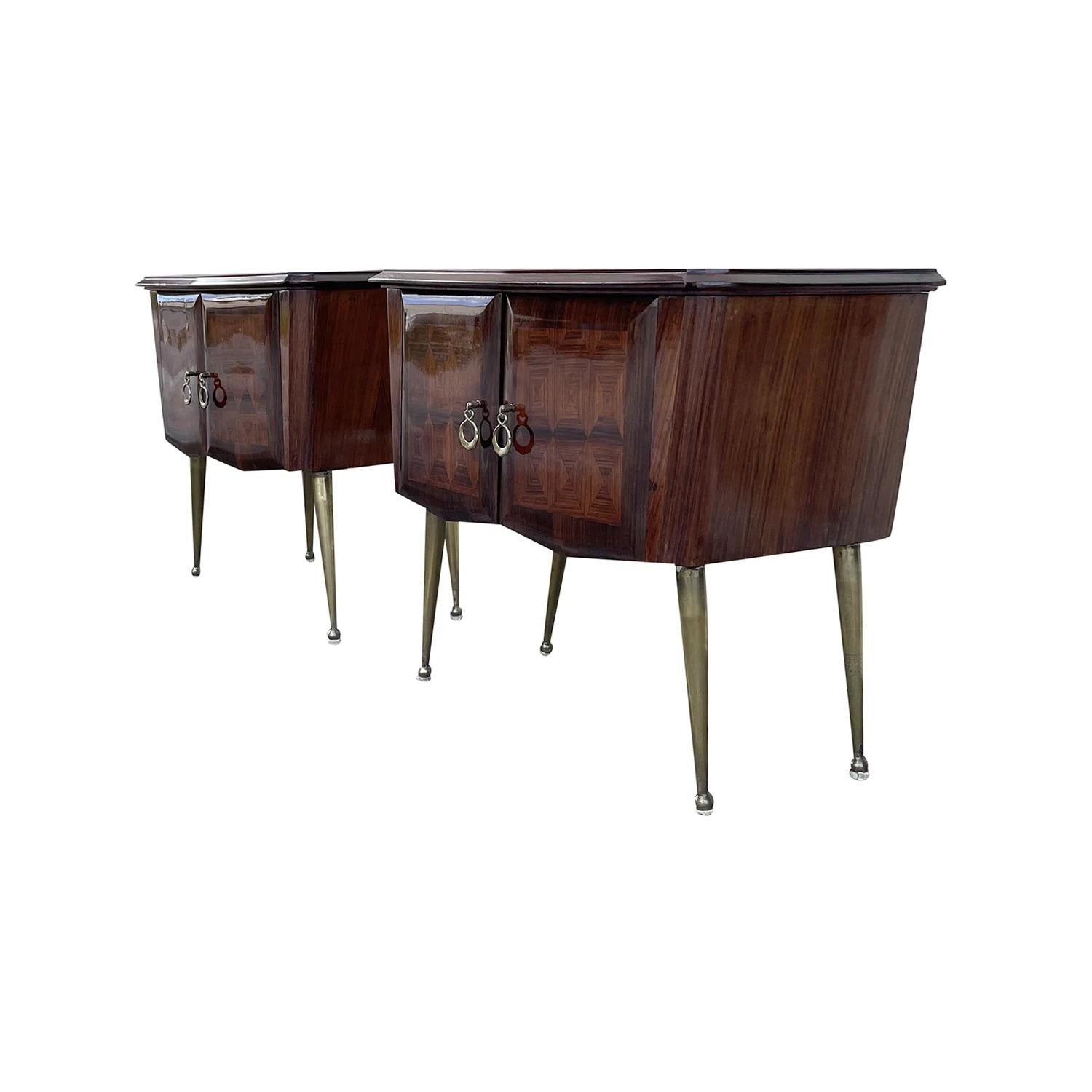 Glass 20th Century Italian Pair of Vintage Rosewood Nightstands - Brass Bedside Tables