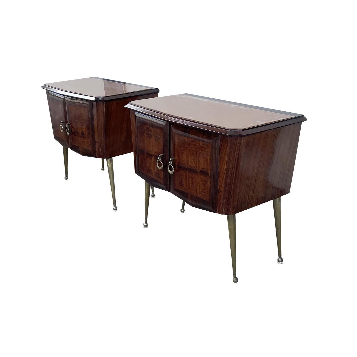 20th Century Italian Pair of Vintage Rosewood Nightstands - Brass Bedside Tables 1