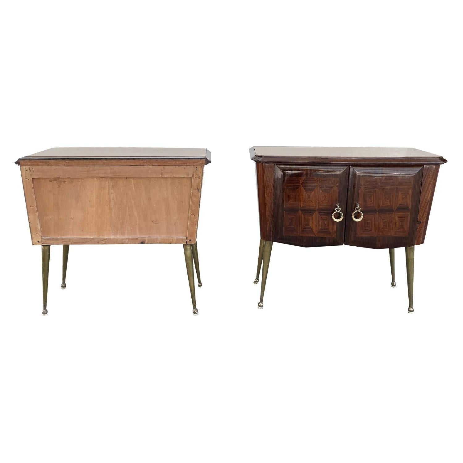 20th Century Italian Pair of Vintage Rosewood Nightstands - Brass Bedside Tables 2