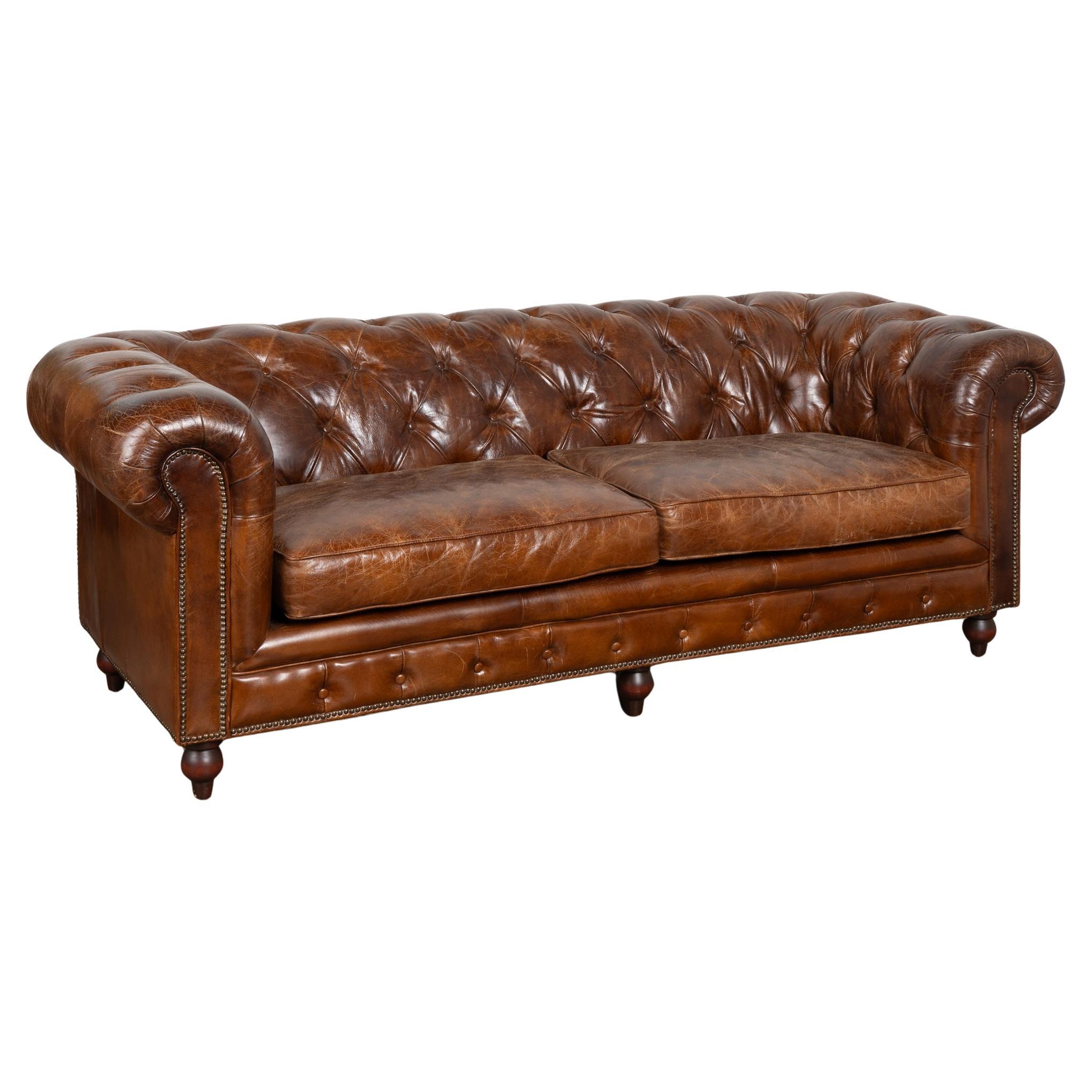 20th Century Brown Leather Chesterfield 2-Seat Sofa