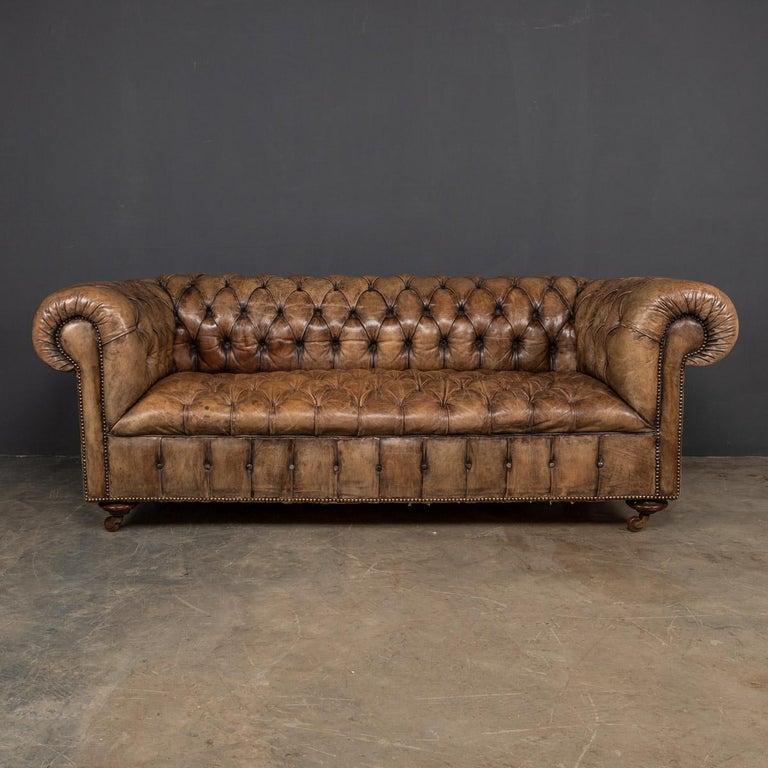Superb mid-20th century leather three seater chesterfield sofa. One of the most elegant models with button down seating, turned mahogany legs and brass castors. The Chesterfield sofa remains as fashionable now as it has ever been, capable of