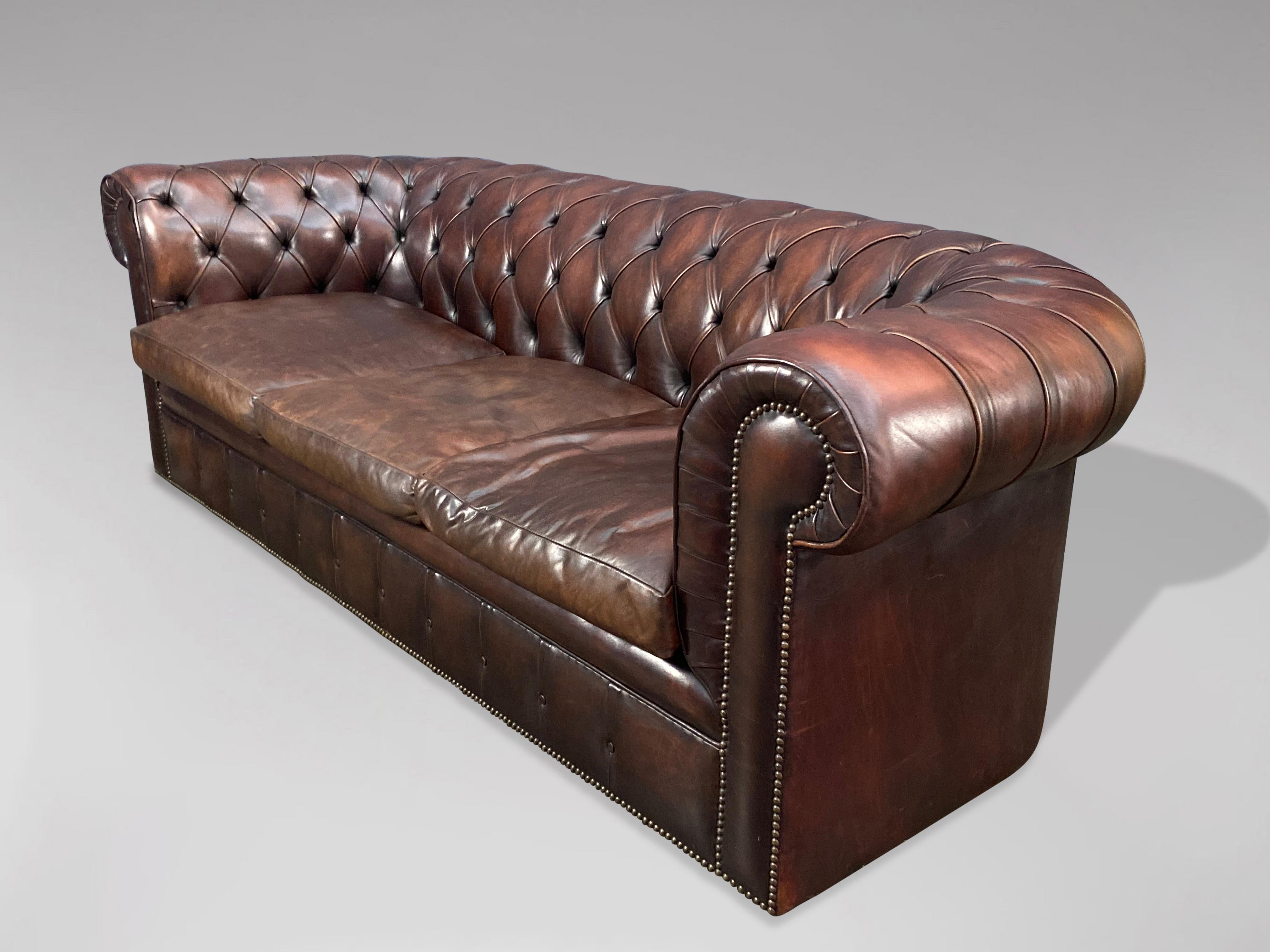 British 20th Century Brown Leather Three Seater Chesterfield Sofa