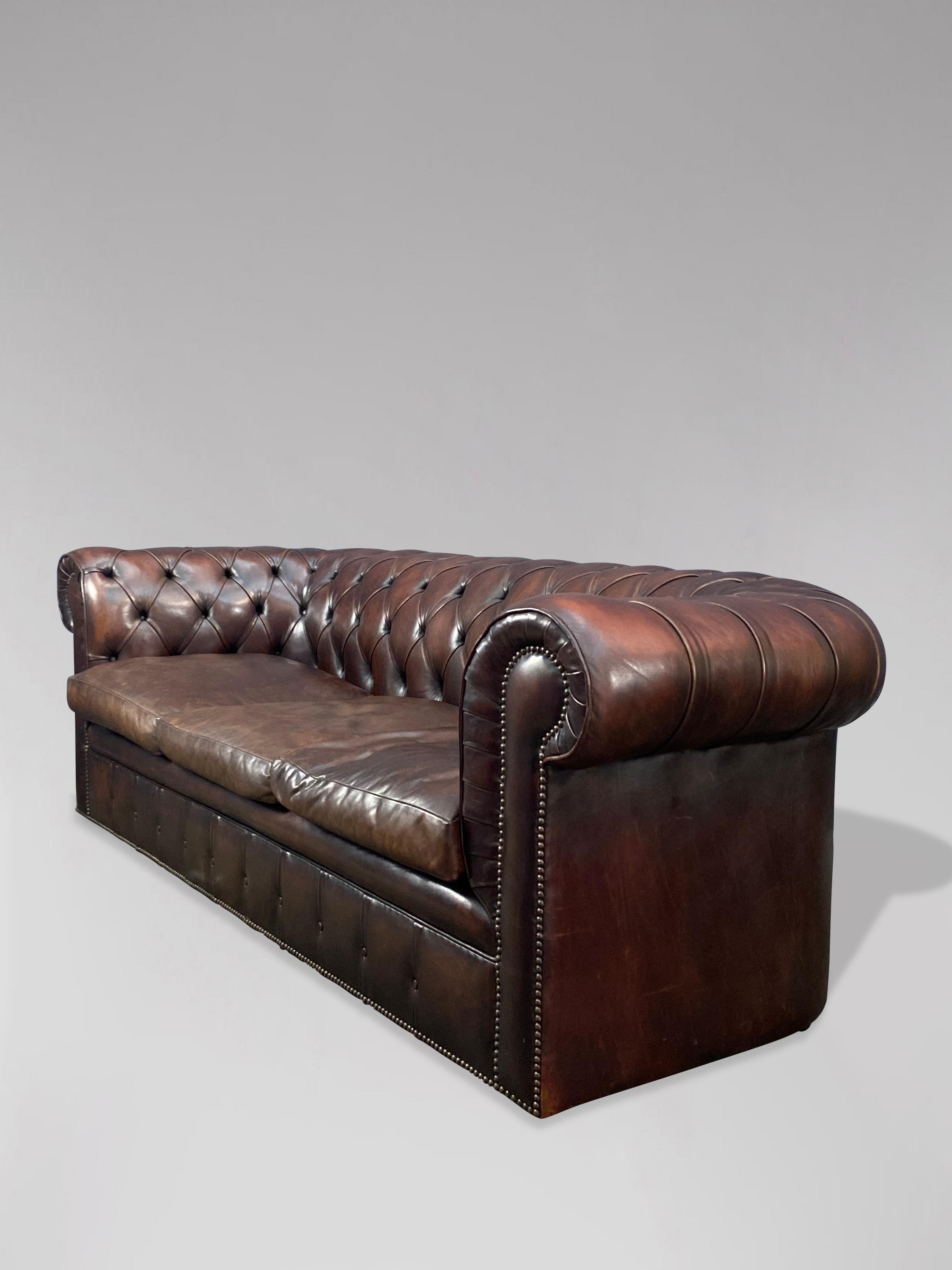 Hand-Crafted 20th Century Brown Leather Three Seater Chesterfield Sofa