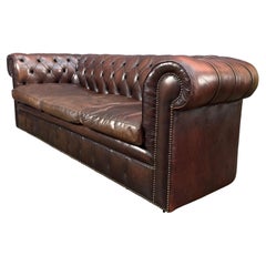 Antique 20th Century Brown Leather Three Seater Chesterfield Sofa
