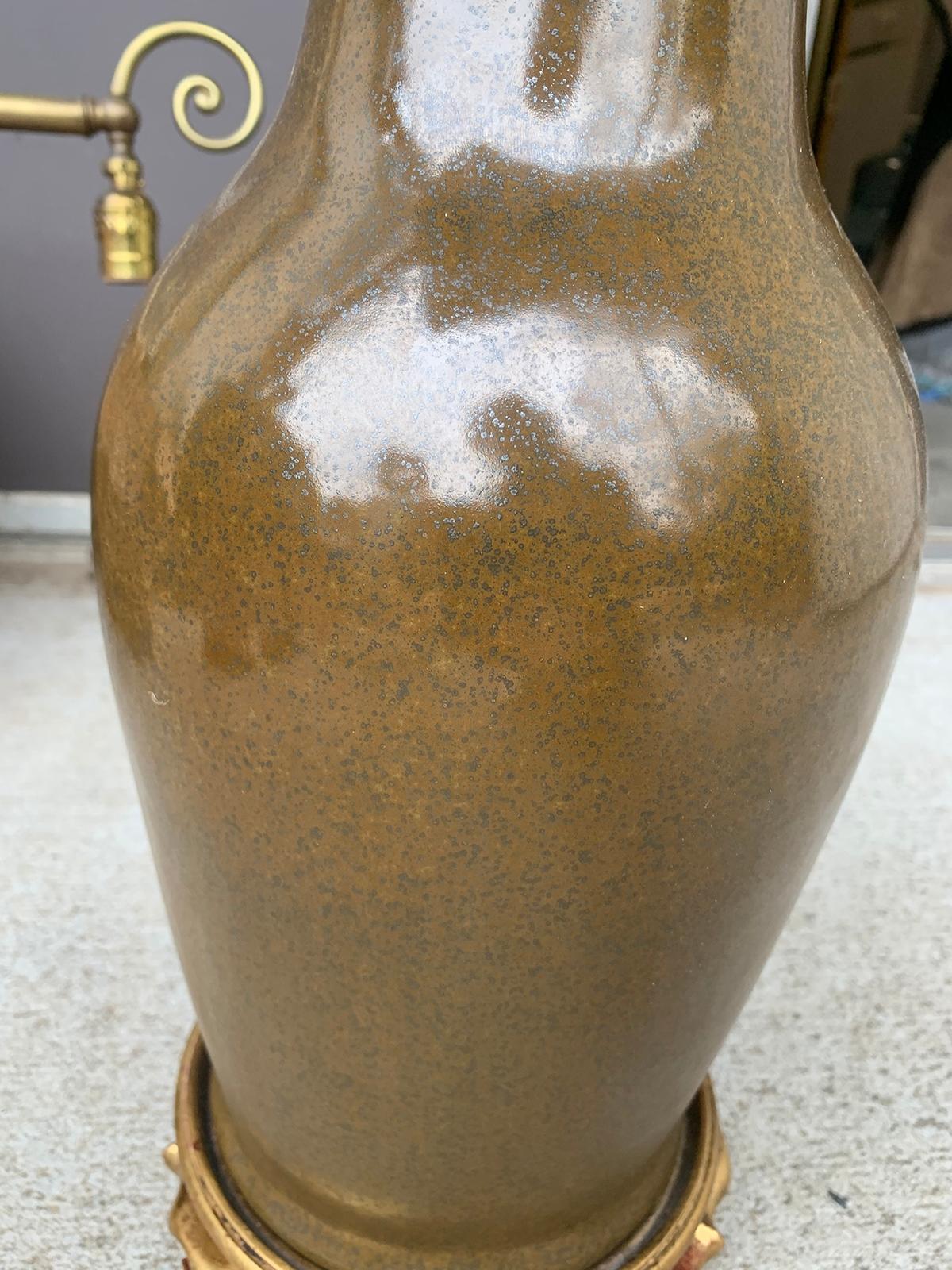 20th Century Brown Pottery Lamp on Giltwood Base 7